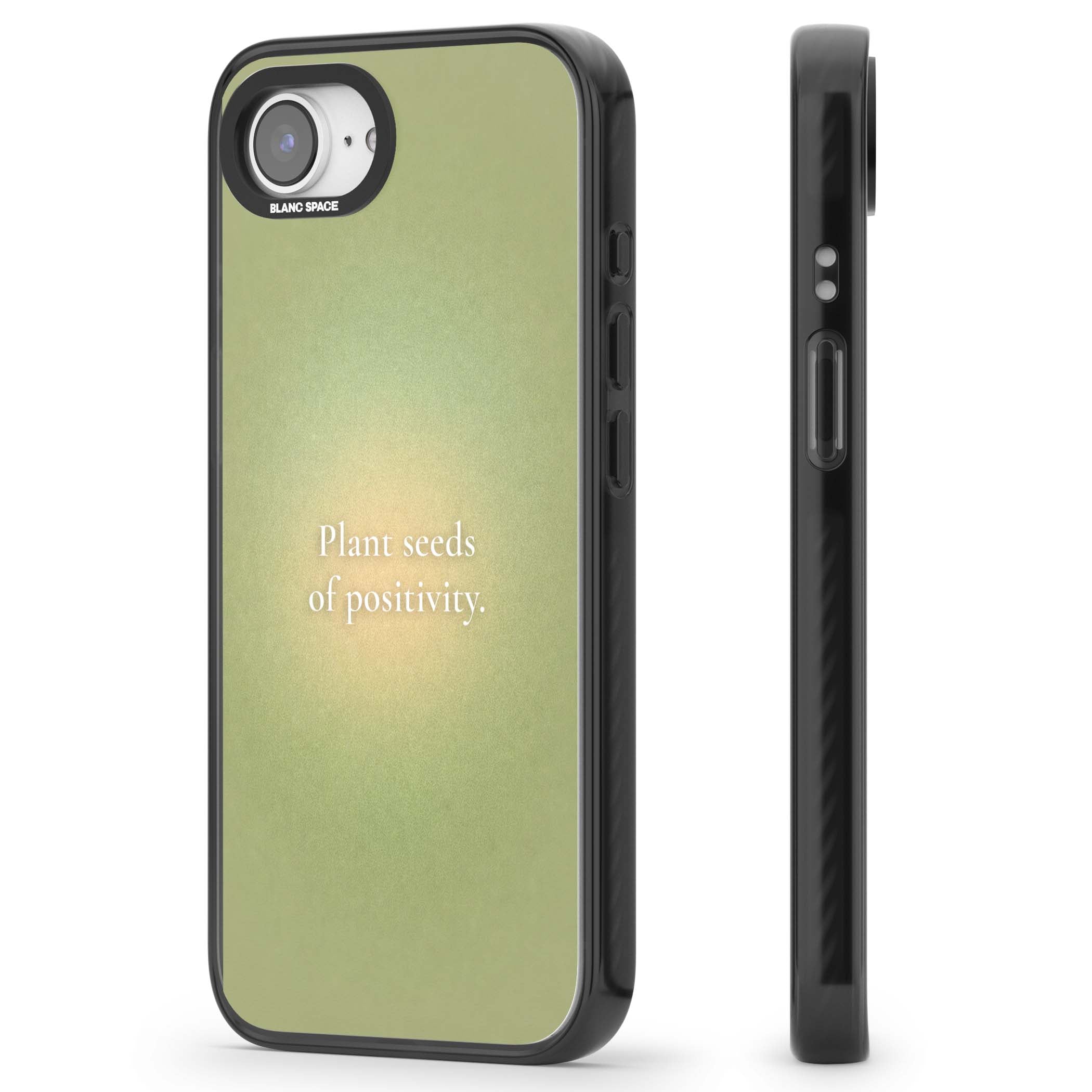 Seeds of Positivity quote iPhone case featuring a sage green aura gradient and golden glow affirmation | Black Impact case for iPhone 16e, iPhone 17e