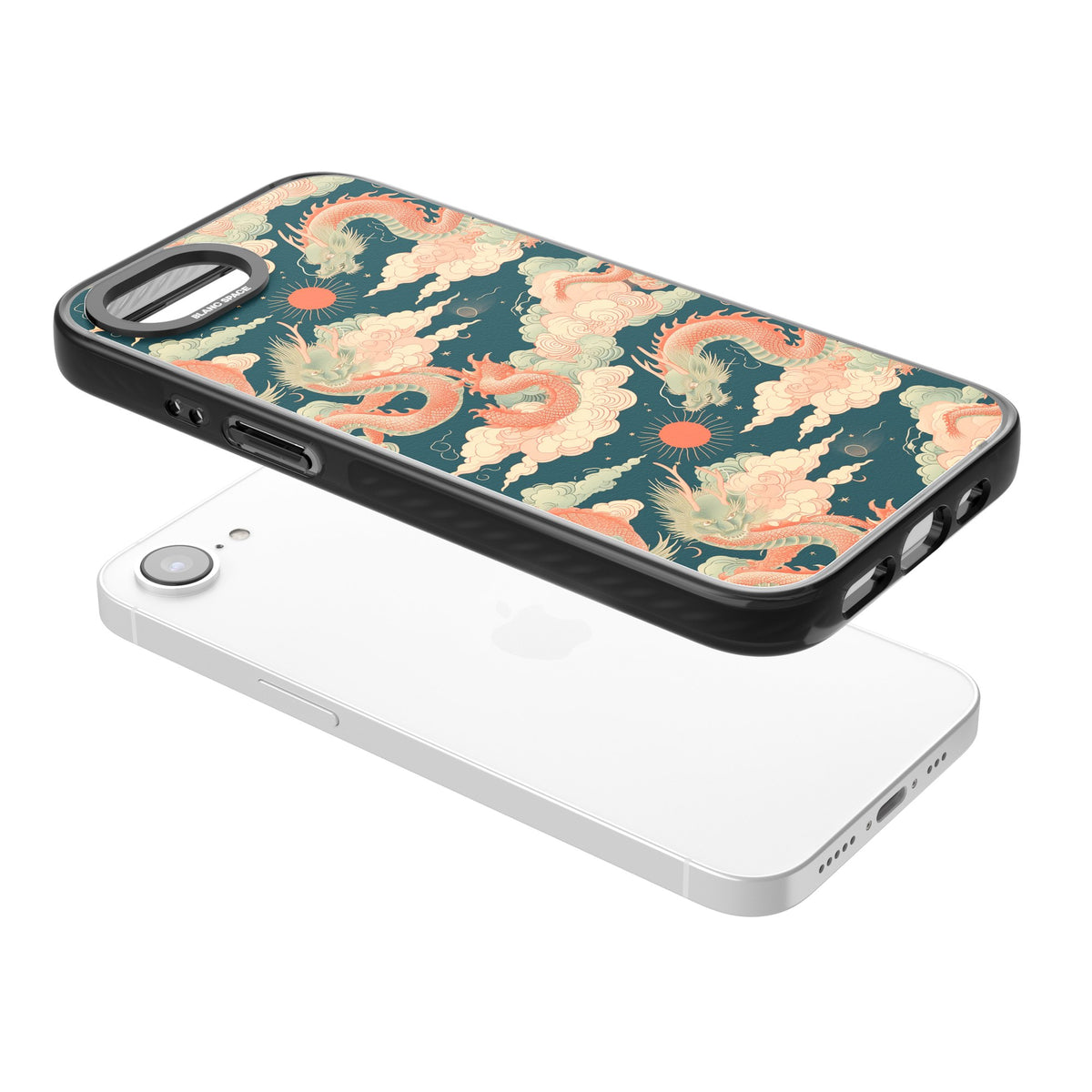 Chinese Dragons Clouds iPhone 16e / iPhone 17e Impact Black Phone Case angled