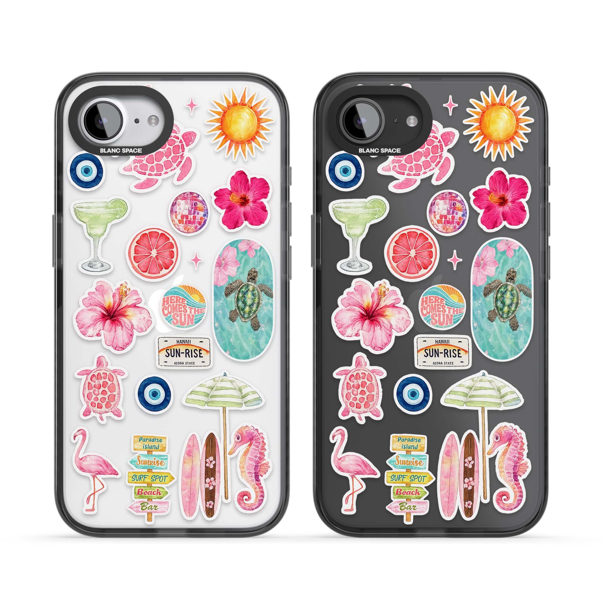 Aloha Sticker Mix tropical summer iPhone case featuring pink hibiscus, sea turtles, flamingo and beach umbrella stickers | Black Impact case for iPhone 16e, iPhone 17e