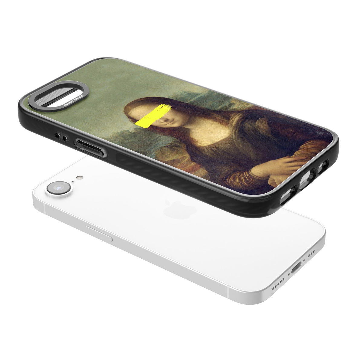 Vandaled Mona Lisa iPhone 16e / iPhone 17e Impact Black Phone Case angled