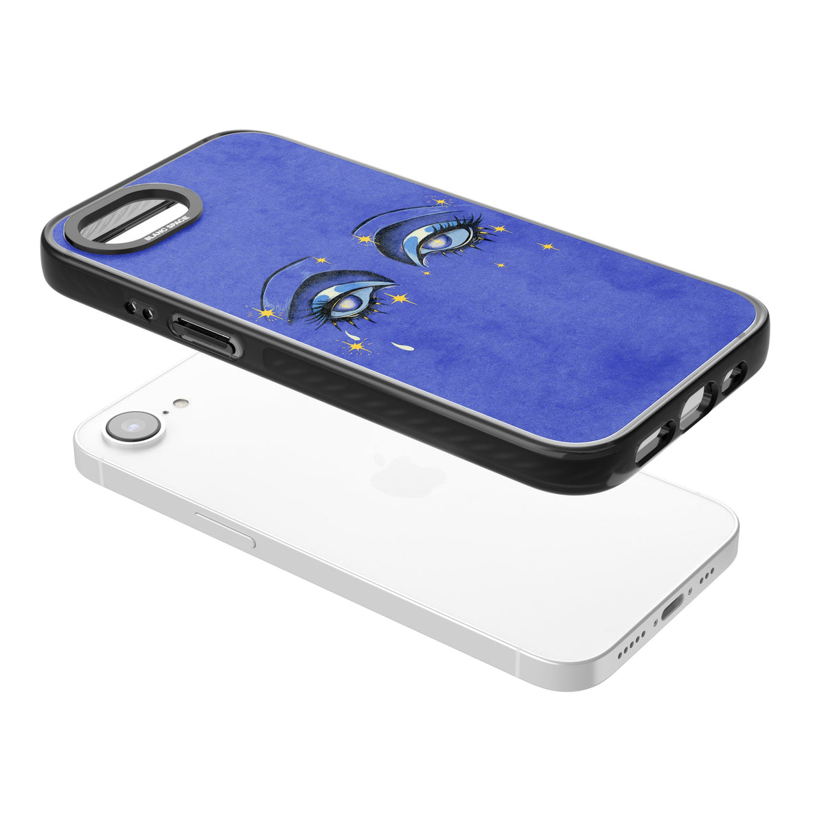 Blue Mystic Eyes iPhone 16e / iPhone 17e Impact Black Phone Case angled