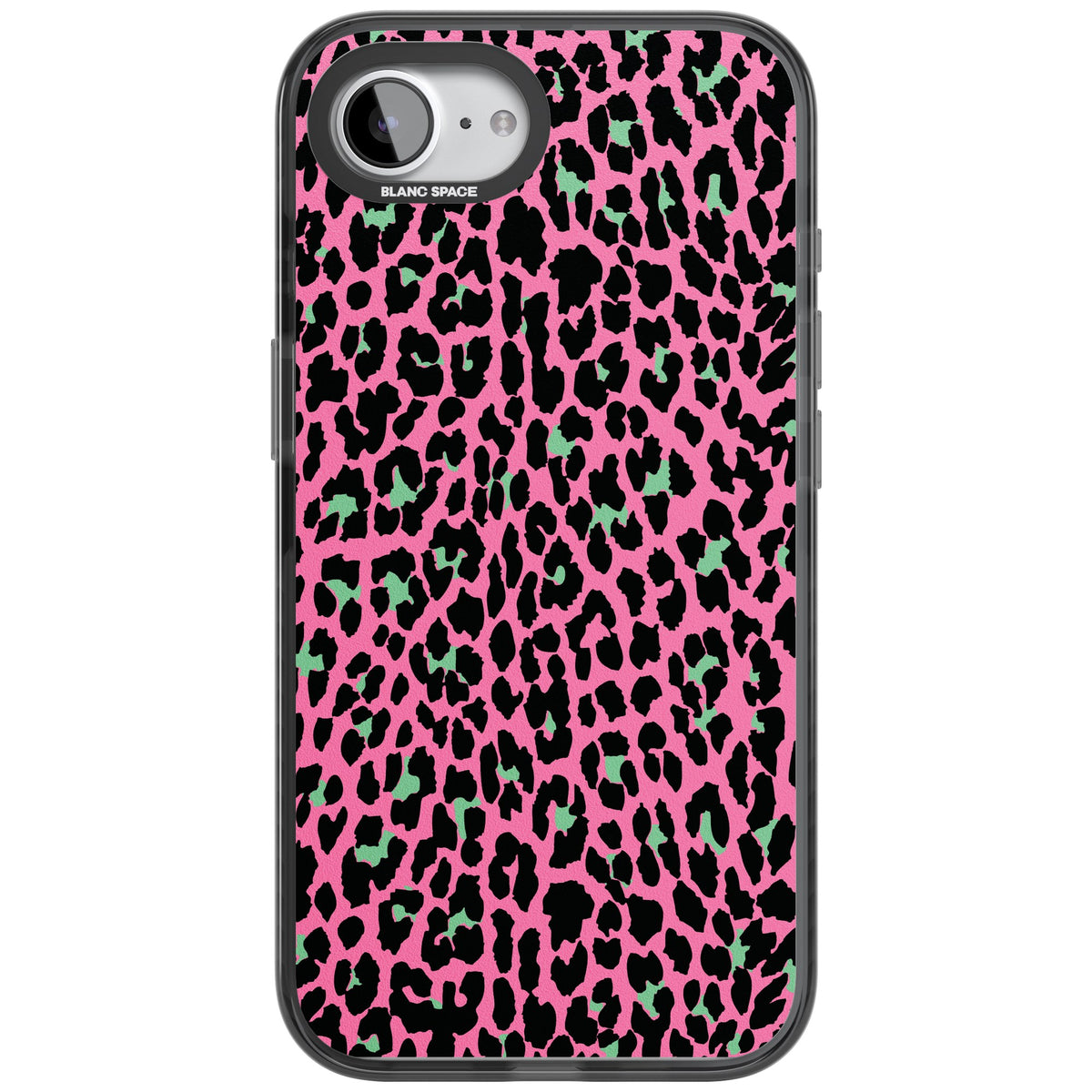 Pink & Green Leopard iPhone 16e / iPhone 17e Impact Black Phone Case front