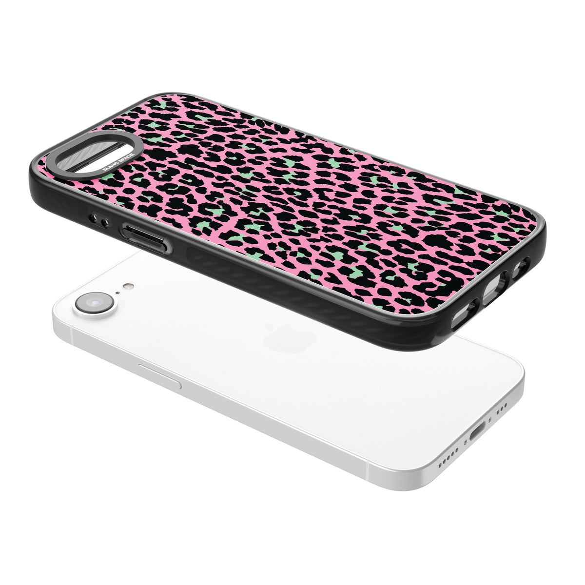 Pink & Green Leopard iPhone 16e / iPhone 17e Impact Black Phone Case angled