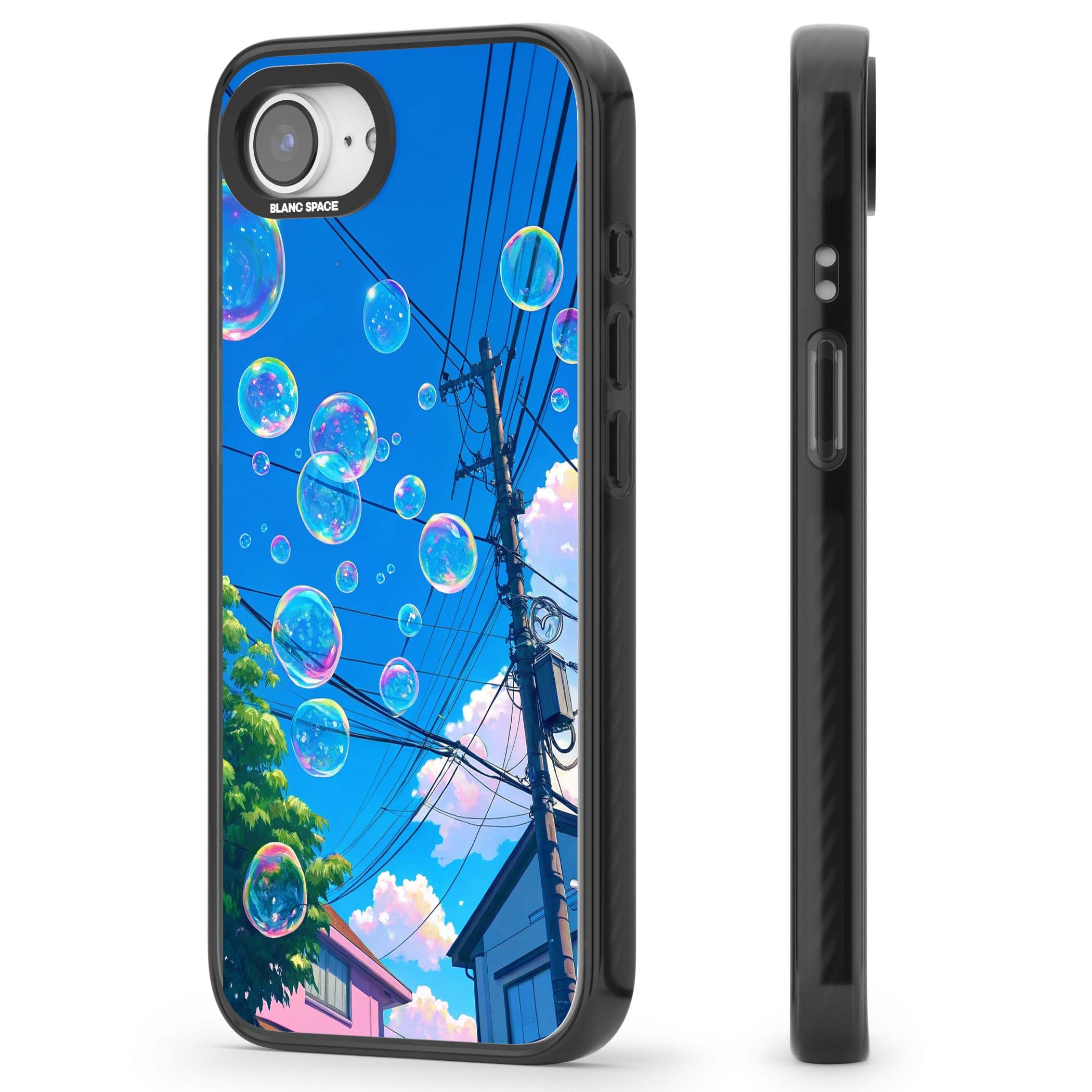 Suburban Bubbles anime iPhone case featuring iridescent soap bubbles, blue sky and Japanese telephone wires | Black Impact case for iPhone 16e, iPhone 17e