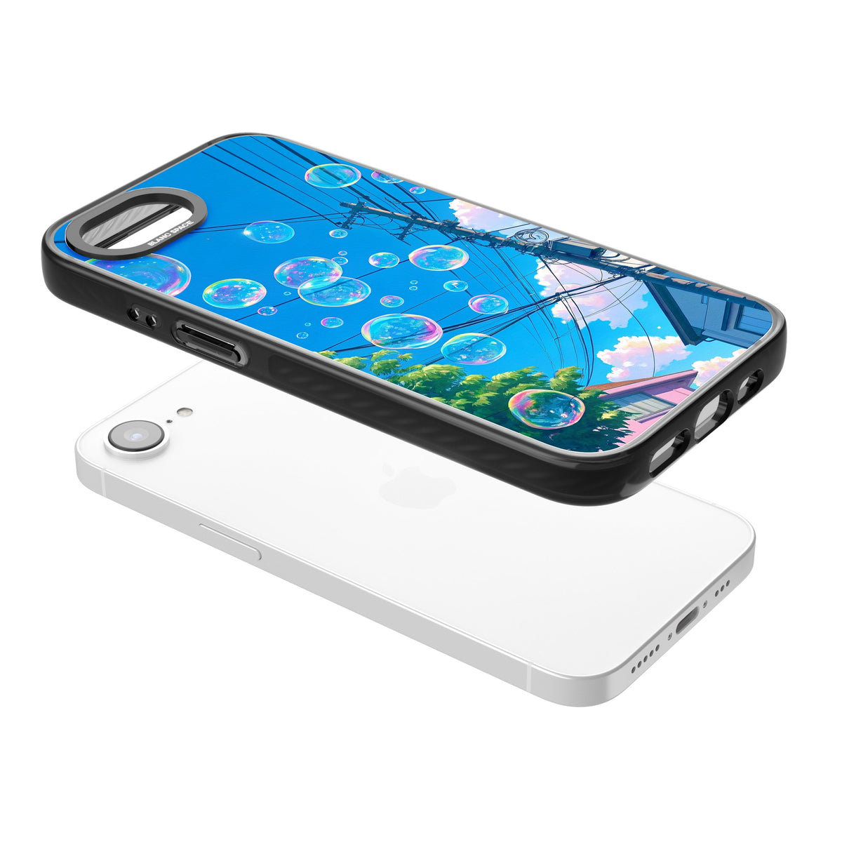 Suburban Bubbles iPhone 16e / iPhone 17e Impact Black Phone Case angled