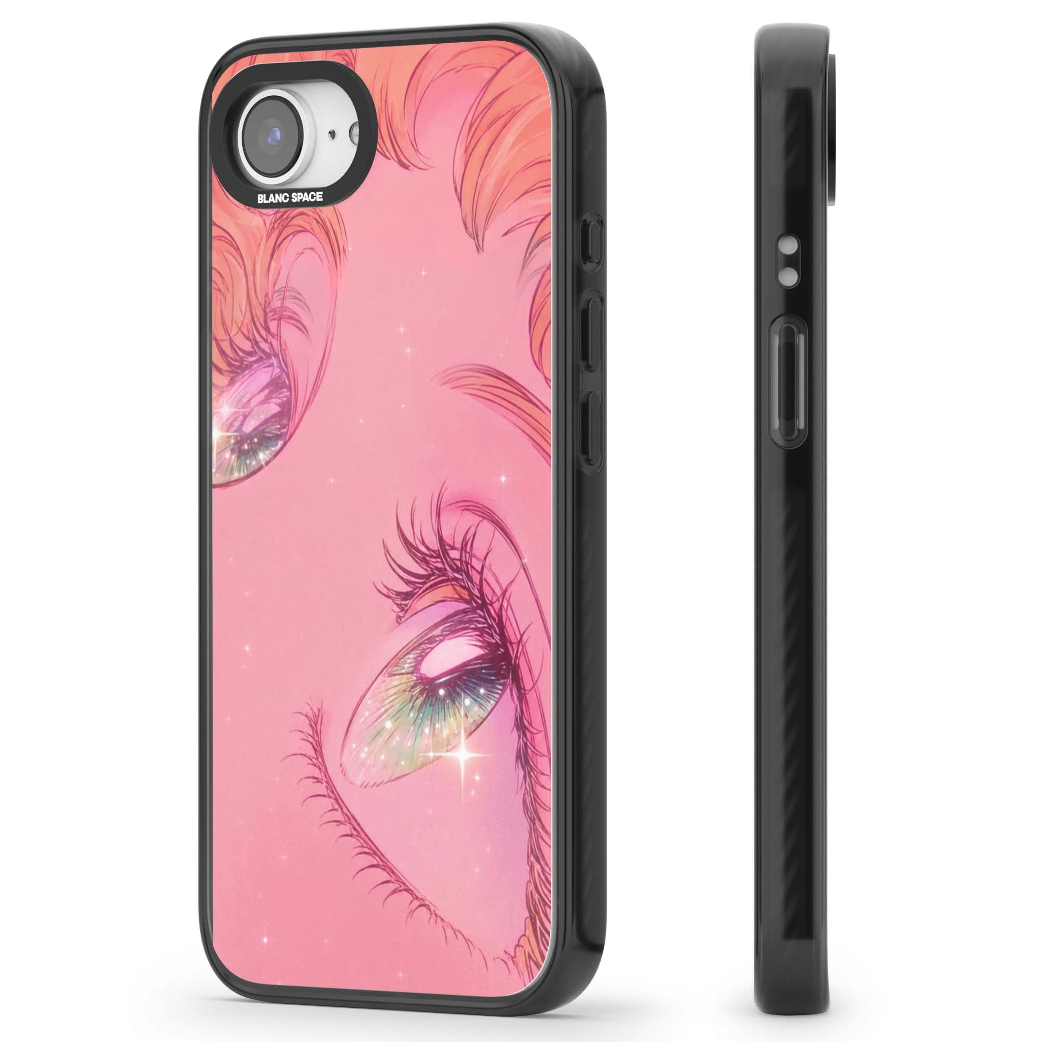 Pink Ethereal Gaze anime iPhone case featuring sparkling manga eyes, coral lashes and dreamy peach sky | Black Impact case for iPhone 16e, iPhone 17e