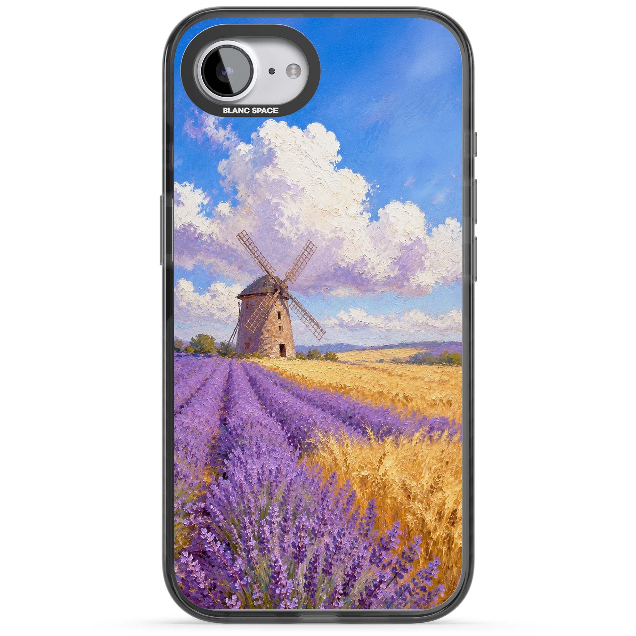 Lavender Mill cottagecore iPhone case featuring a French windmill, lavender field and golden wheat oil painting | Black Impact case for iPhone 16e, iPhone 17e