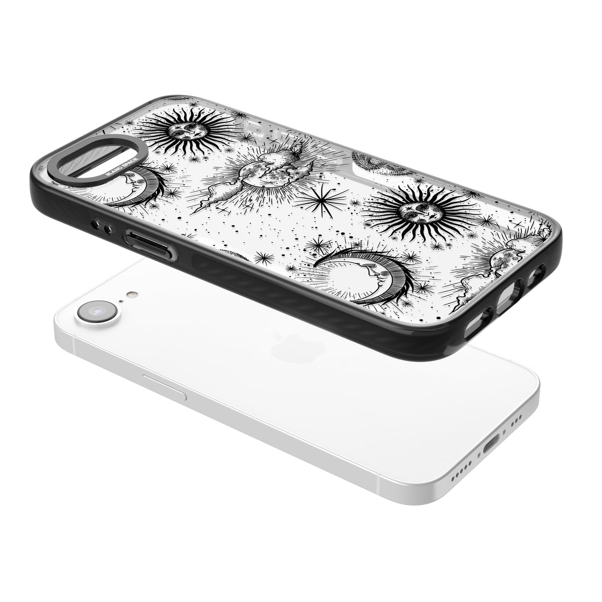 Suns, Moons & Clouds iPhone 16e / iPhone 17e Impact Black Phone Case angled