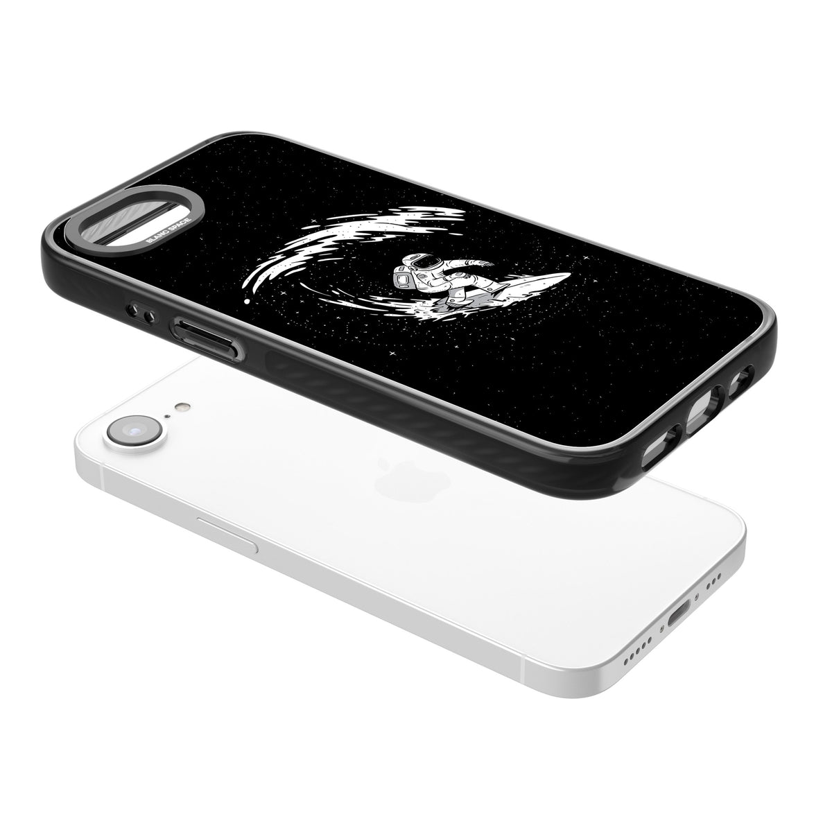 Cosmic Surf iPhone 16e / iPhone 17e Impact Black Phone Case angled