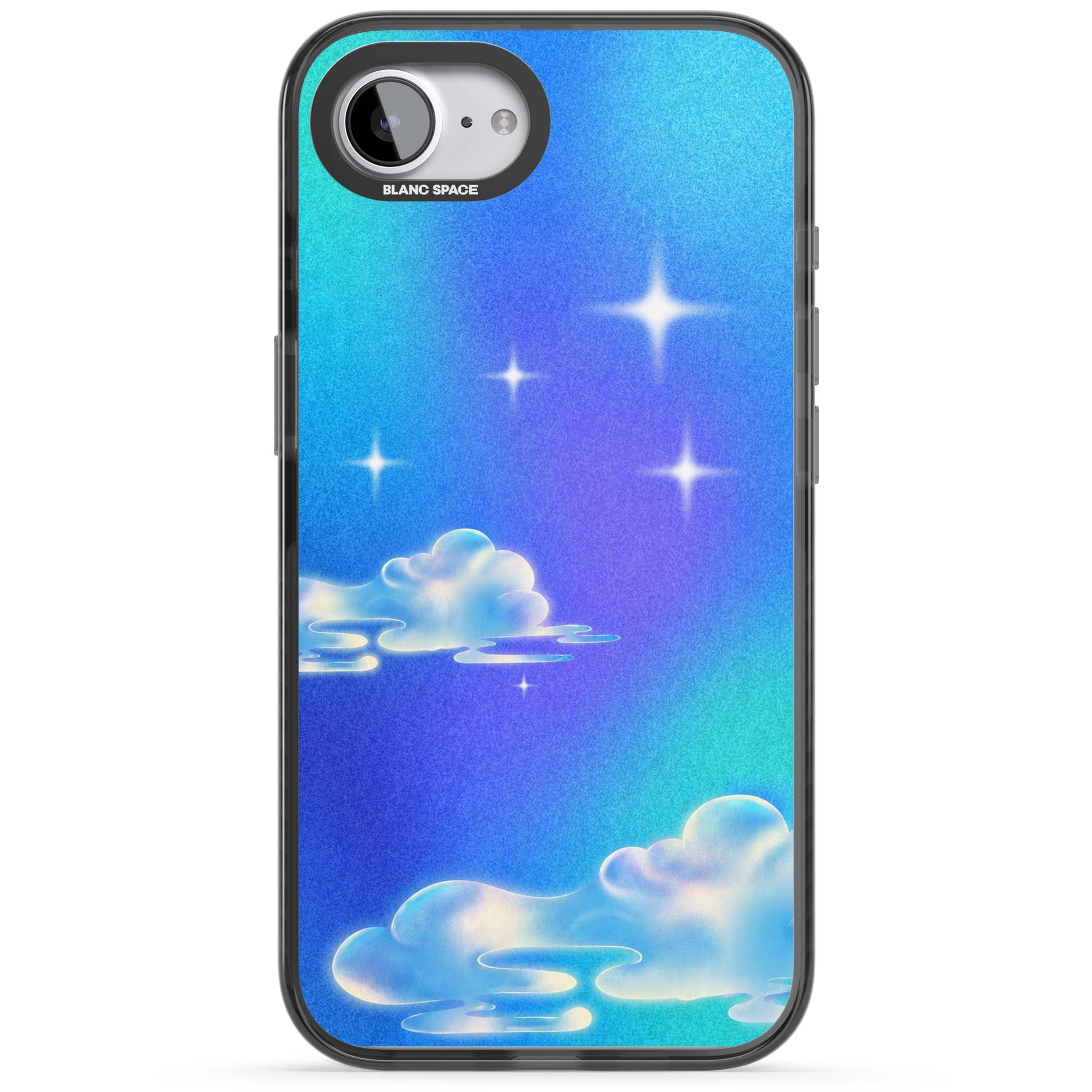 Aurora celestial iPhone case featuring dreamy iridescent clouds, sparkling stars and pastel blue purple sky | Black Impact case for iPhone 16e, iPhone 17e