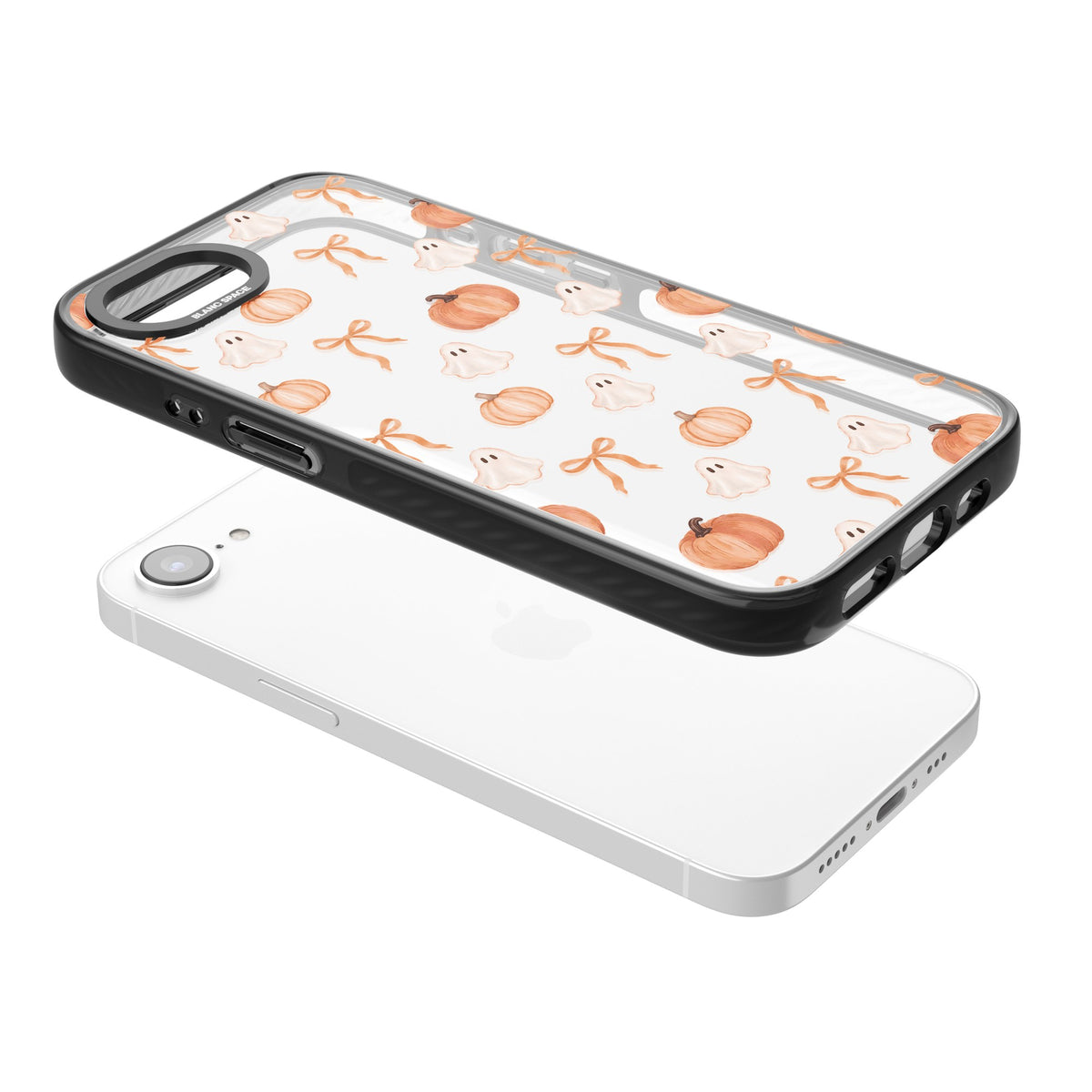 Bows, Ghosts & Pumpkins iPhone 16e / iPhone 17e Impact Black Phone Case angled