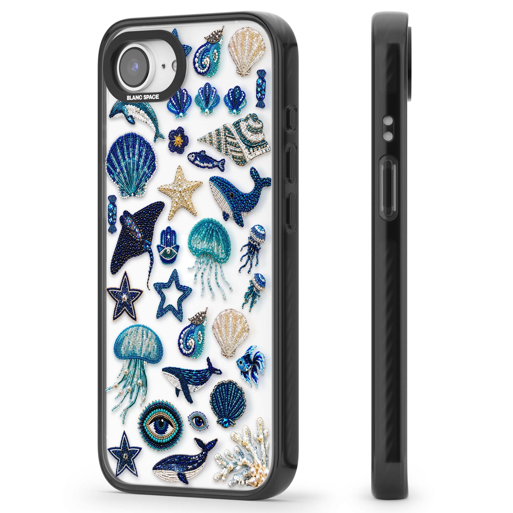 Beaded Coastal coastal iPhone case featuring embroidered seashells, jellyfish and a blue whale on clear | Black Impact case for iPhone 16e, iPhone 17e