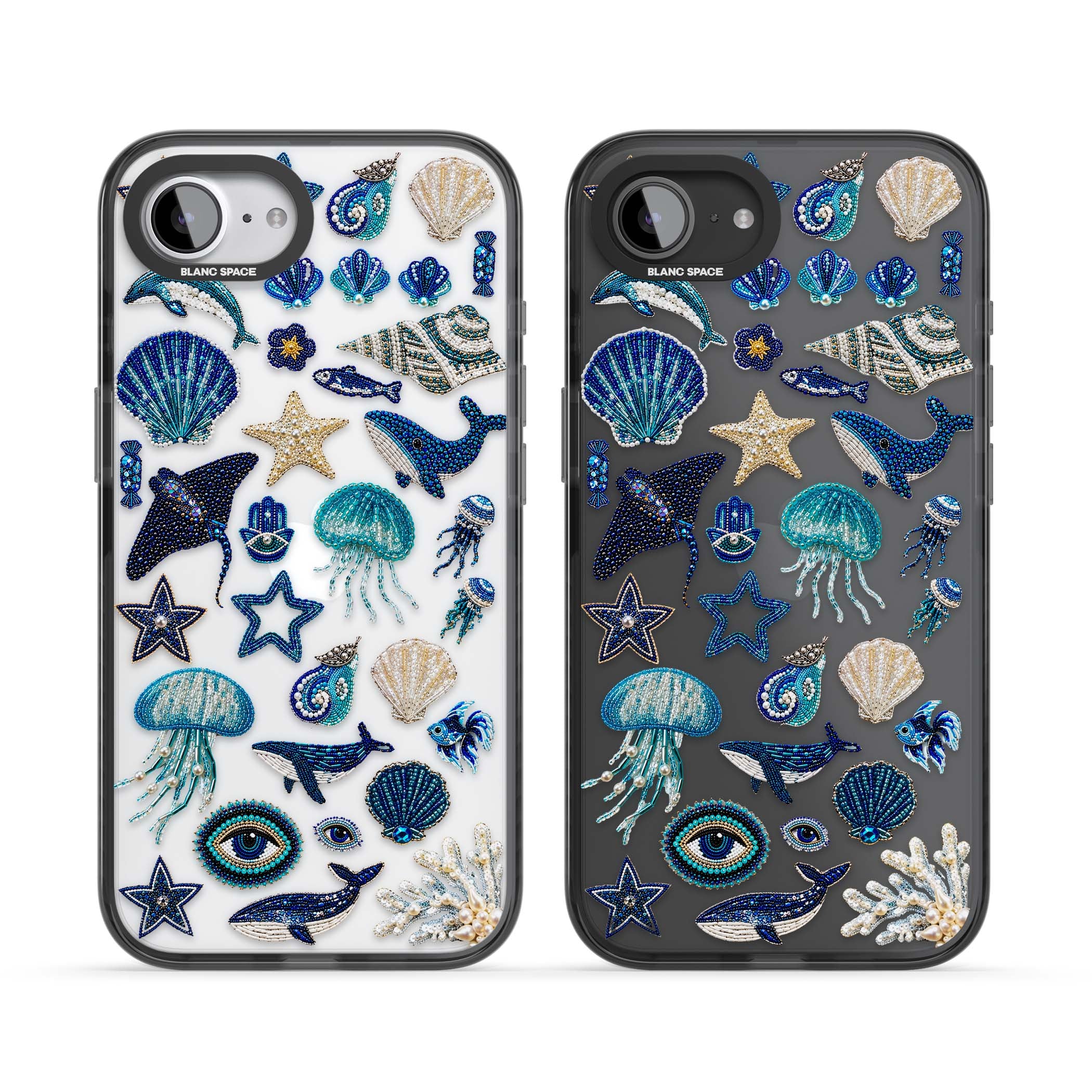 Beaded Coastal coastal iPhone case featuring embroidered seashells, jellyfish and a blue whale on clear | Black Impact case for iPhone 16e, iPhone 17e