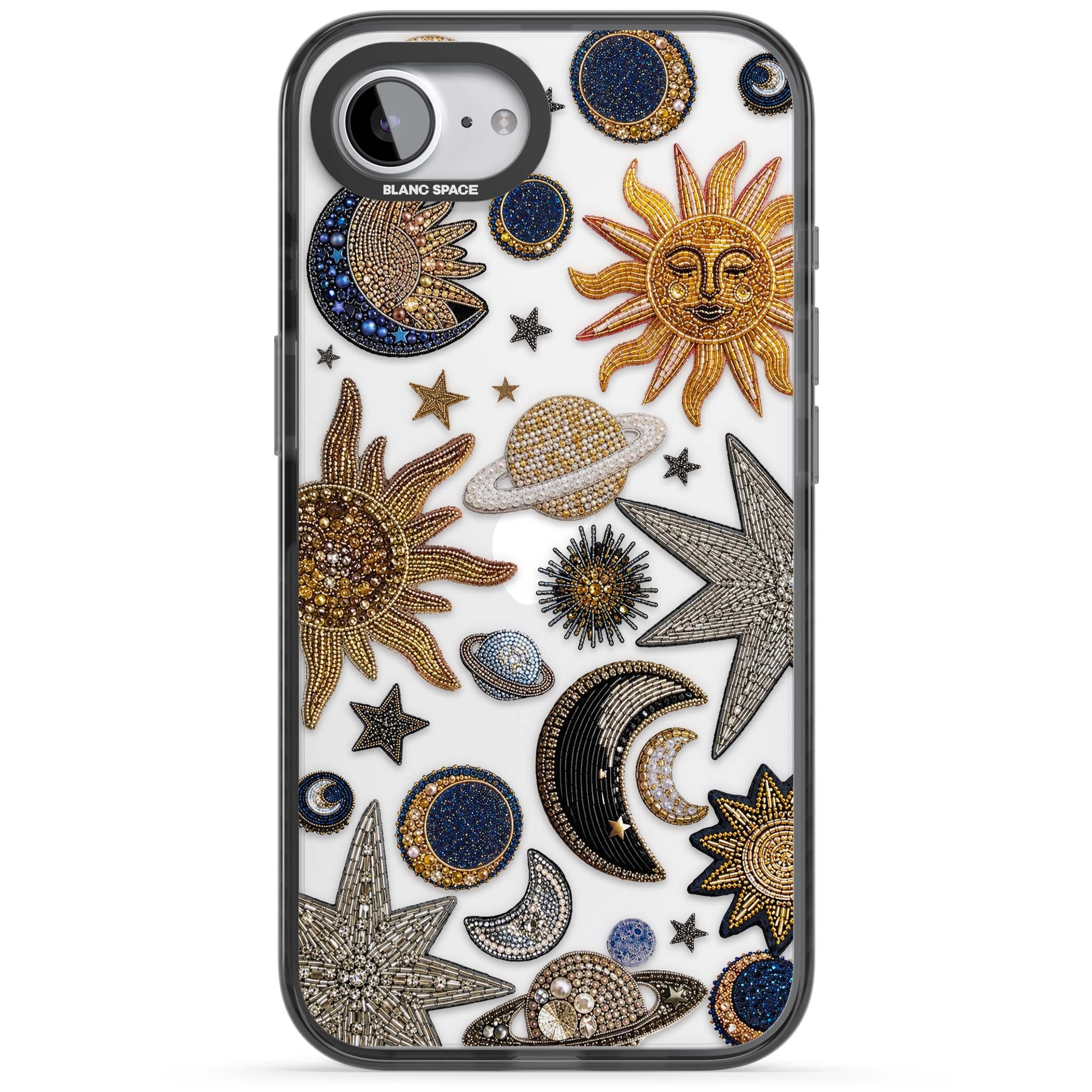 Beaded Cosmos celestial iPhone case featuring embroidered golden suns, beaded planets and silver shooting stars | Black Impact case for iPhone 16e, iPhone 17e