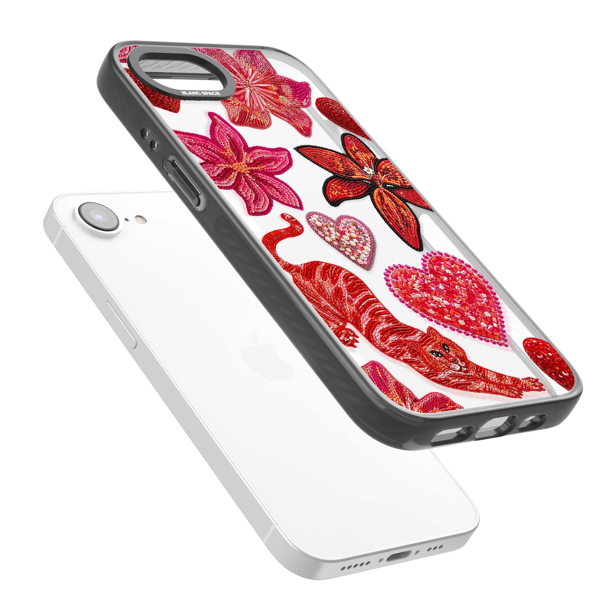 Beaded Boho floral iPhone case featuring beaded red lilies, a stitched tiger, and pearl-encrusted hearts on clear | Black Impact case for iPhone 16e, iPhone 17e