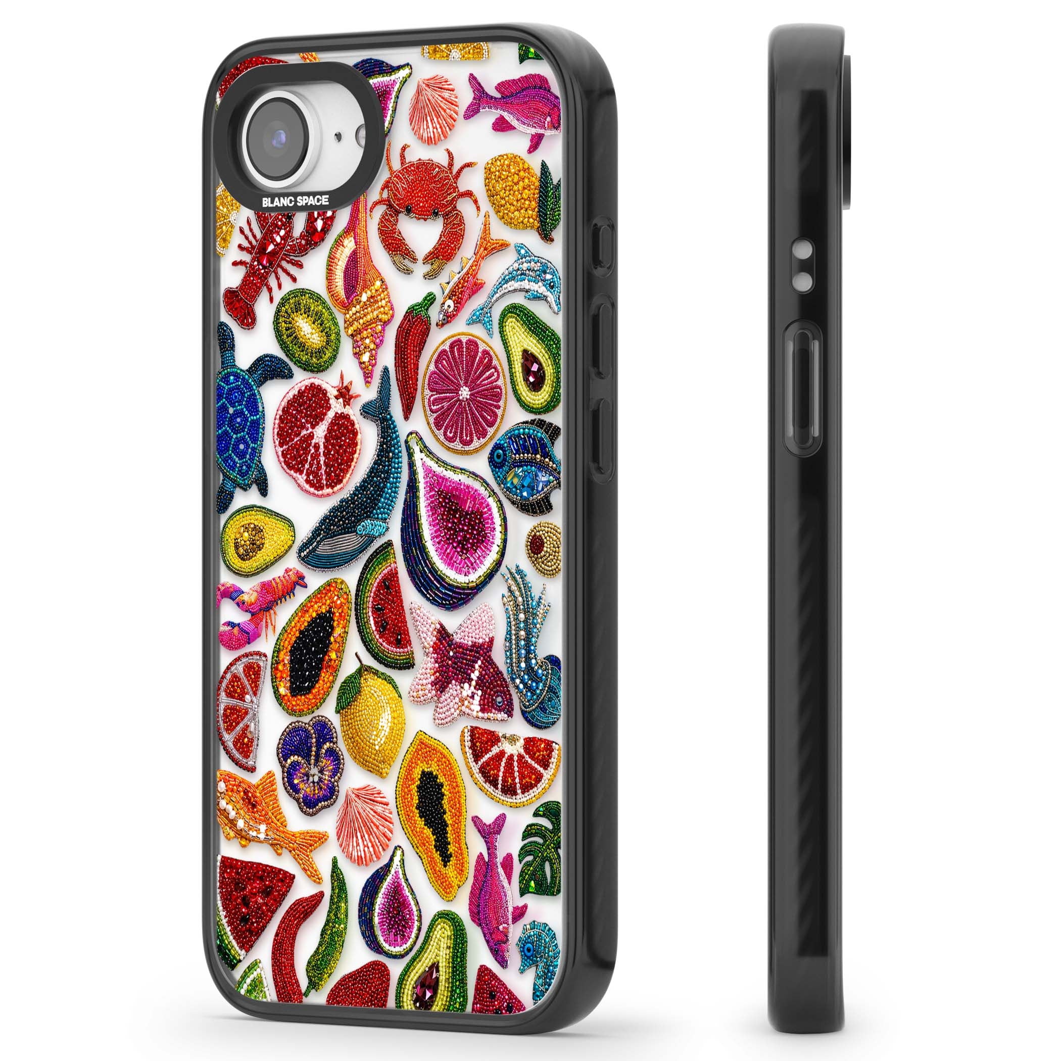 Beaded Tropic tropical iPhone case featuring beaded fruit, fish, crabs and seashells in vibrant colour | Black Impact case for iPhone 16e, iPhone 17e