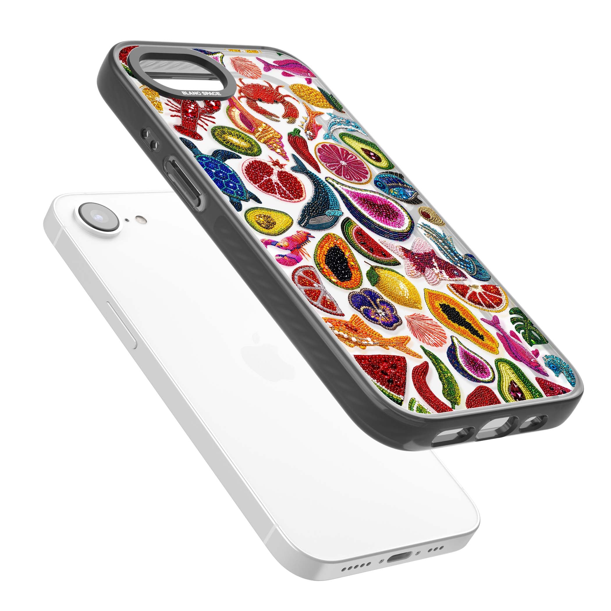 Beaded Tropic tropical iPhone case featuring beaded fruit, fish, crabs and seashells in vibrant colour | Black Impact case for iPhone 16e, iPhone 17e