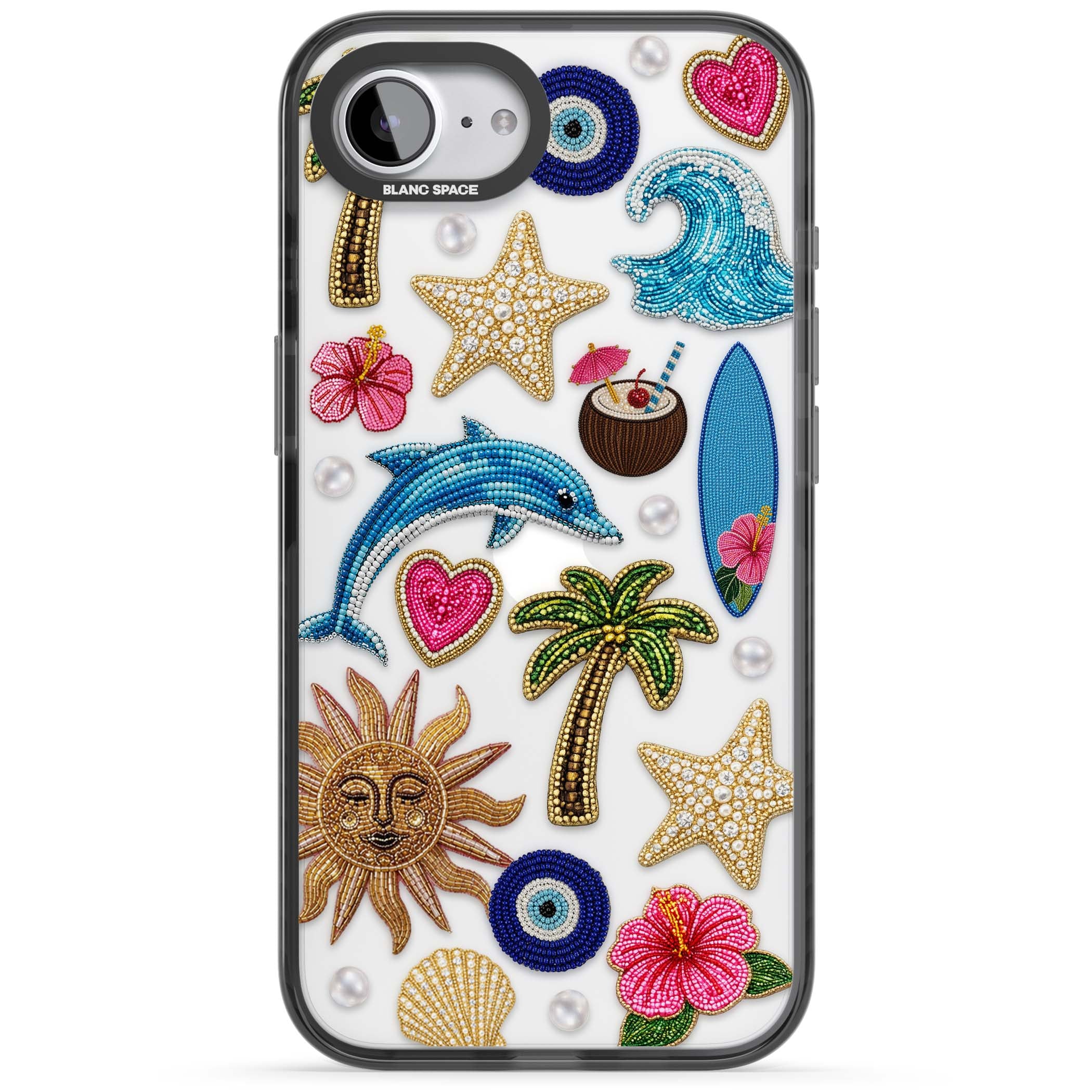 Beaded Beach coastal summer iPhone case featuring embroidered evil eye, hibiscus flowers, dolphin and palm tree patches | Black Impact case for iPhone 16e, iPhone 17e