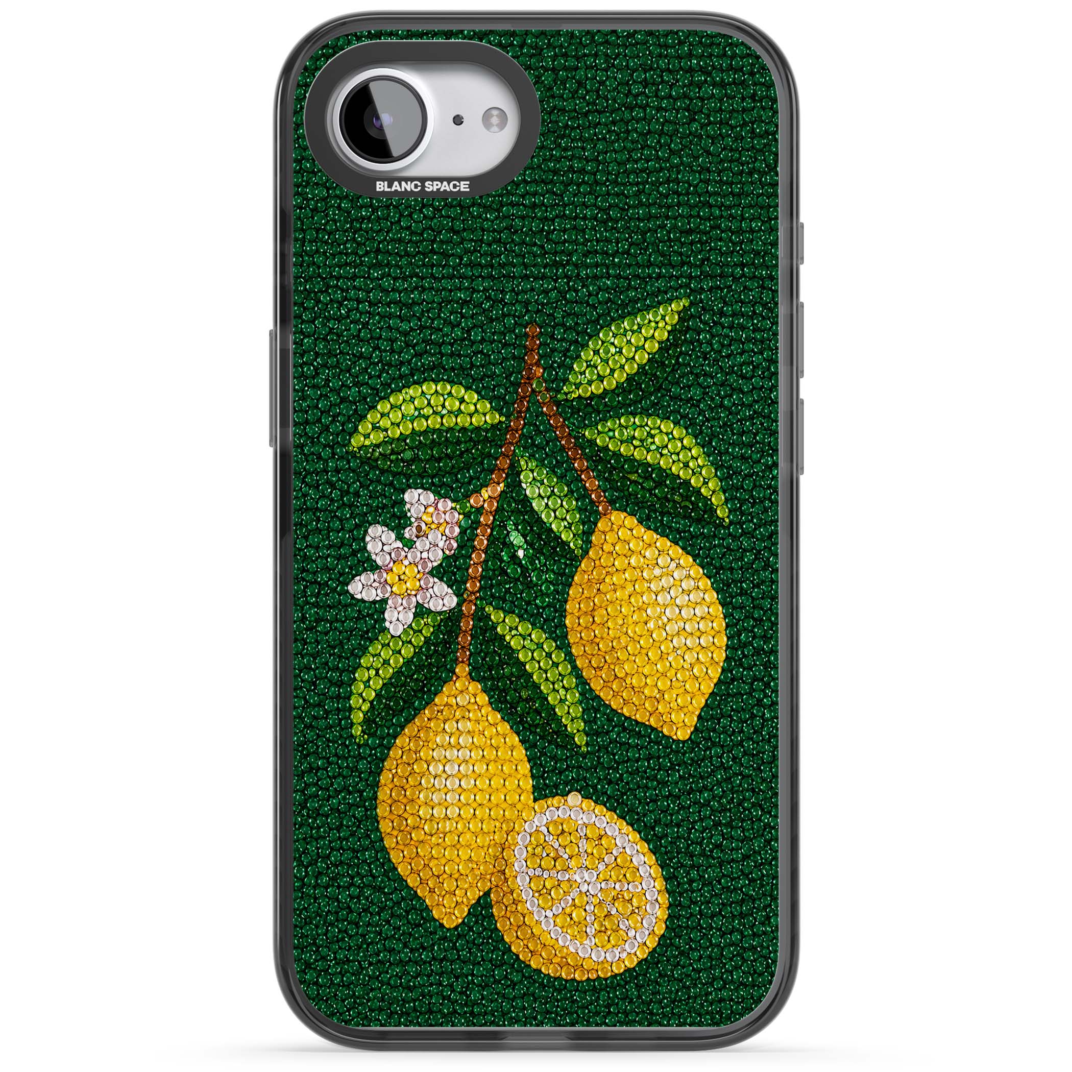 Beaded Lemons coastal iPhone case featuring crystal-beaded lemons, citrus blossom and green leaves on emerald ground | Black Impact case for iPhone 16e, iPhone 17e