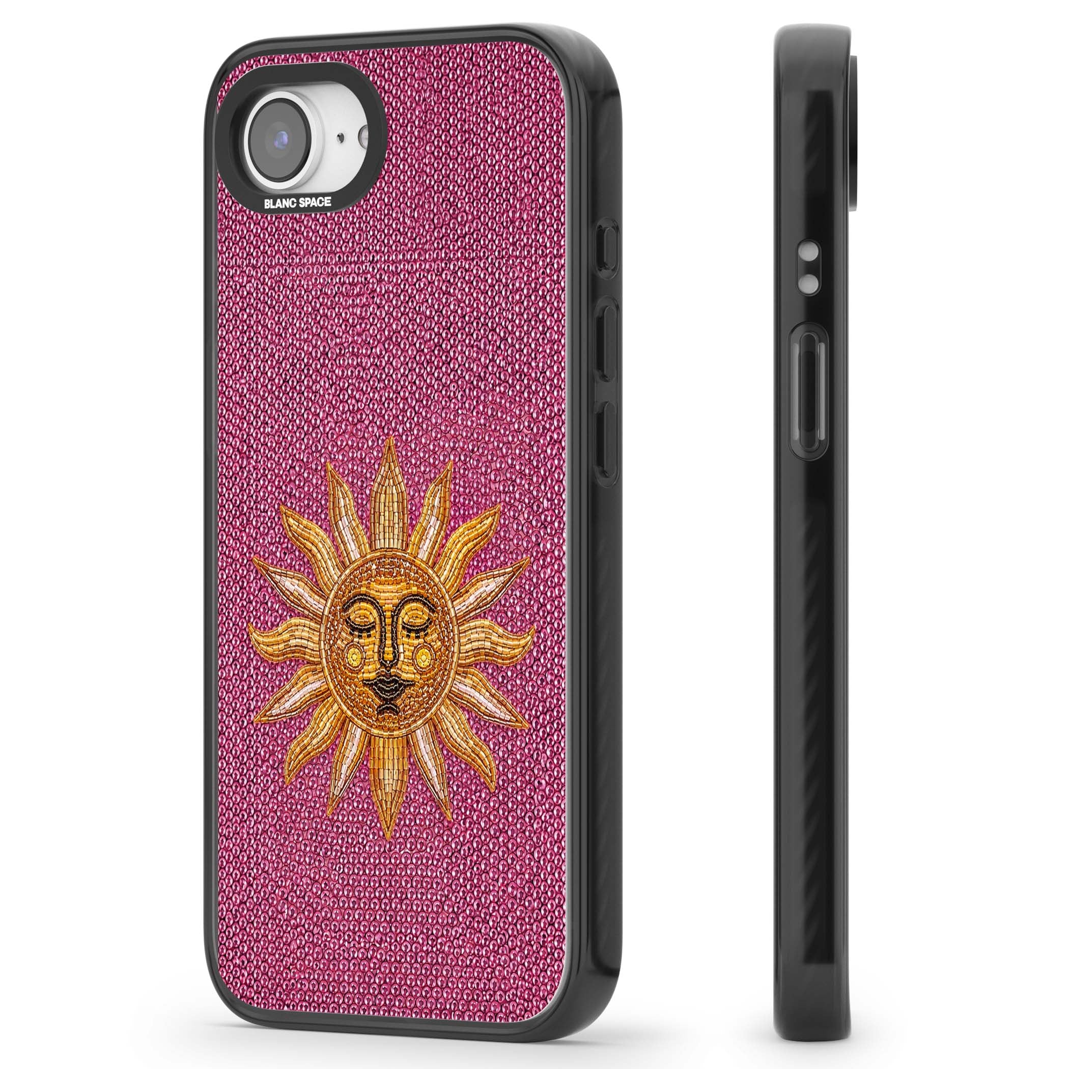 Beaded Sun celestial iPhone case featuring a golden beaded sun face with radiant rays on hot pink beaded background | Black Impact case for iPhone 16e, iPhone 17e