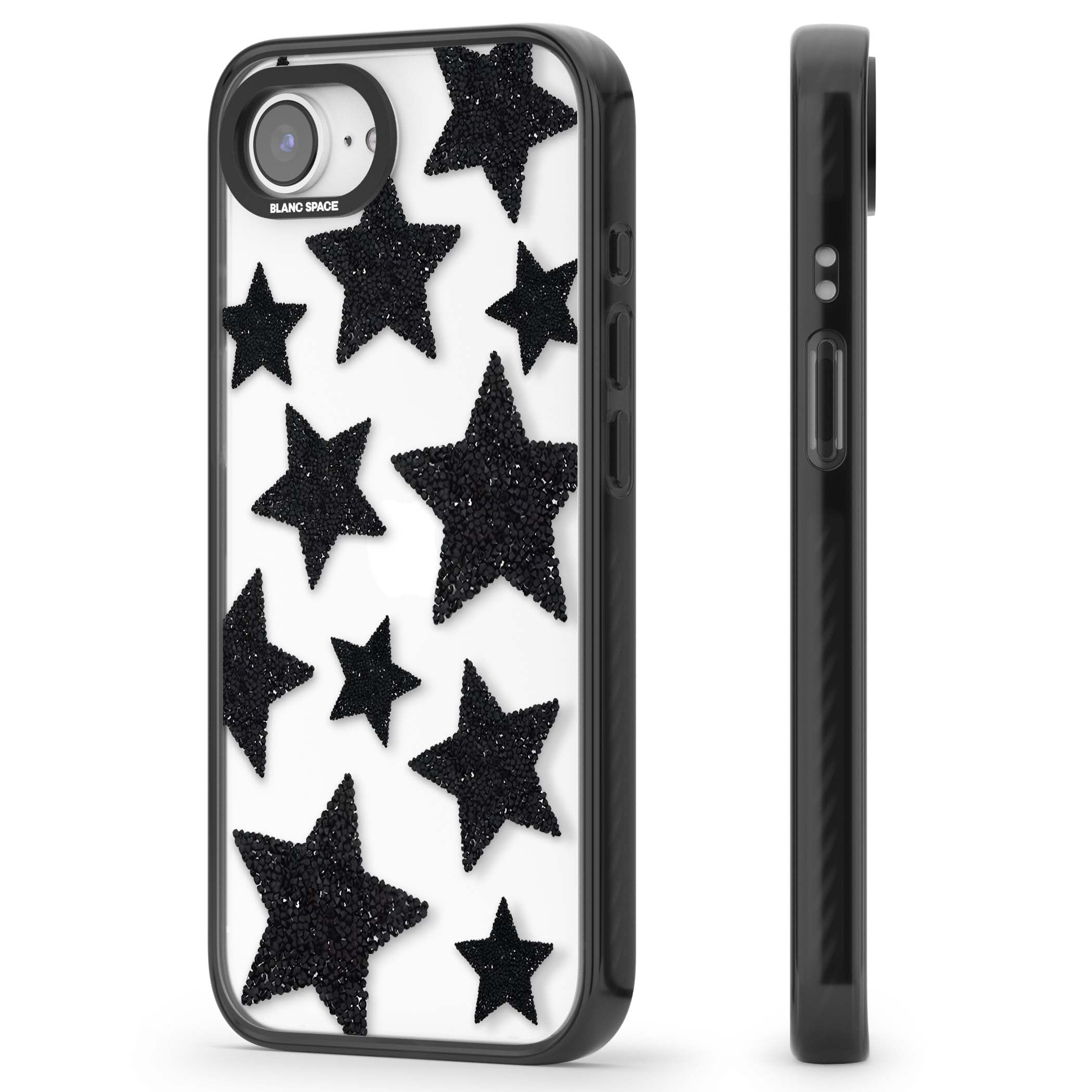 Beaded Black Stars celestial iPhone case featuring black glitter beaded stars scattered on a clear background | Black Impact case for iPhone 16e, iPhone 17e