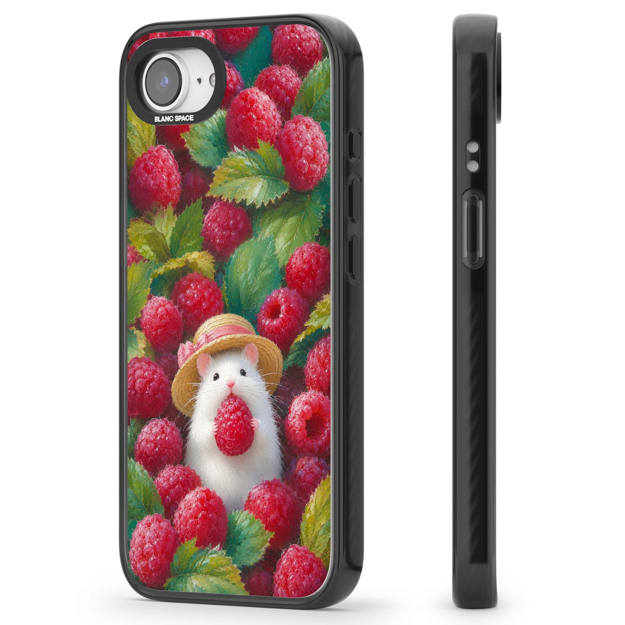 Berry Forager cottagecore iPhone case featuring a white hamster in a straw hat holding a raspberry surrounded by ripe ber | Black Impact case for iPhone 16e, iPhone 17e