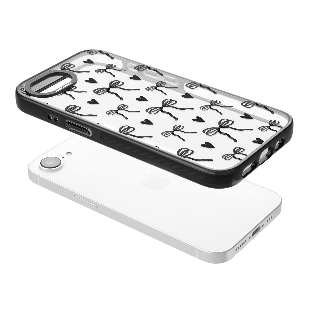 Black Bows & Hearts iPhone 16e / iPhone 17e Impact Black Phone Case angled