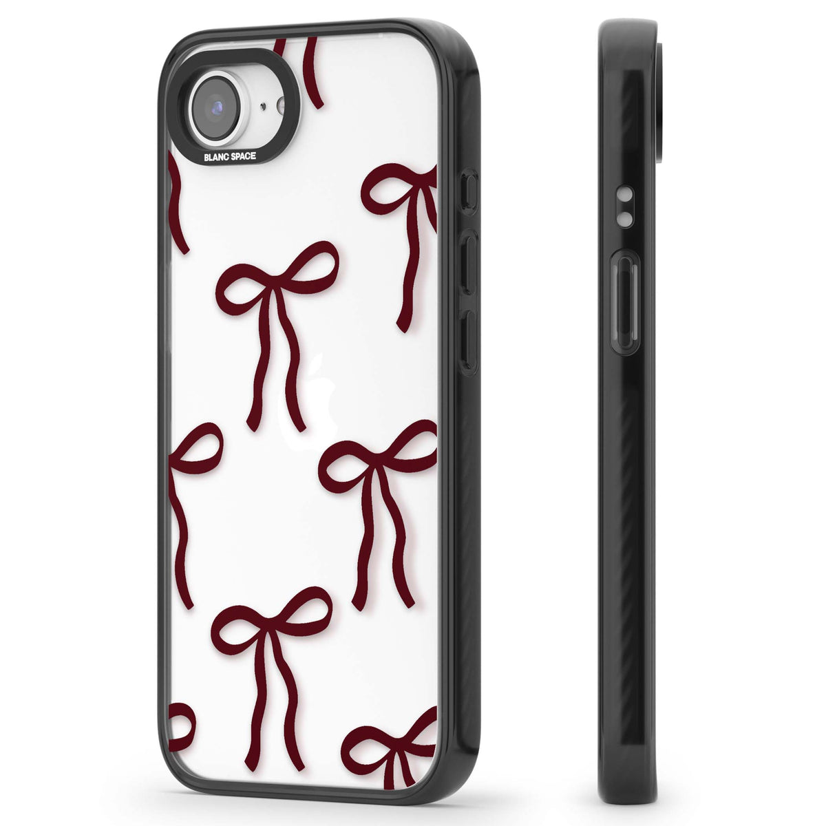 Burgundy Bows coquette iPhone case featuring hand-drawn burgundy red bows on a clear background | Black Impact case for iPhone 16e, iPhone 17e