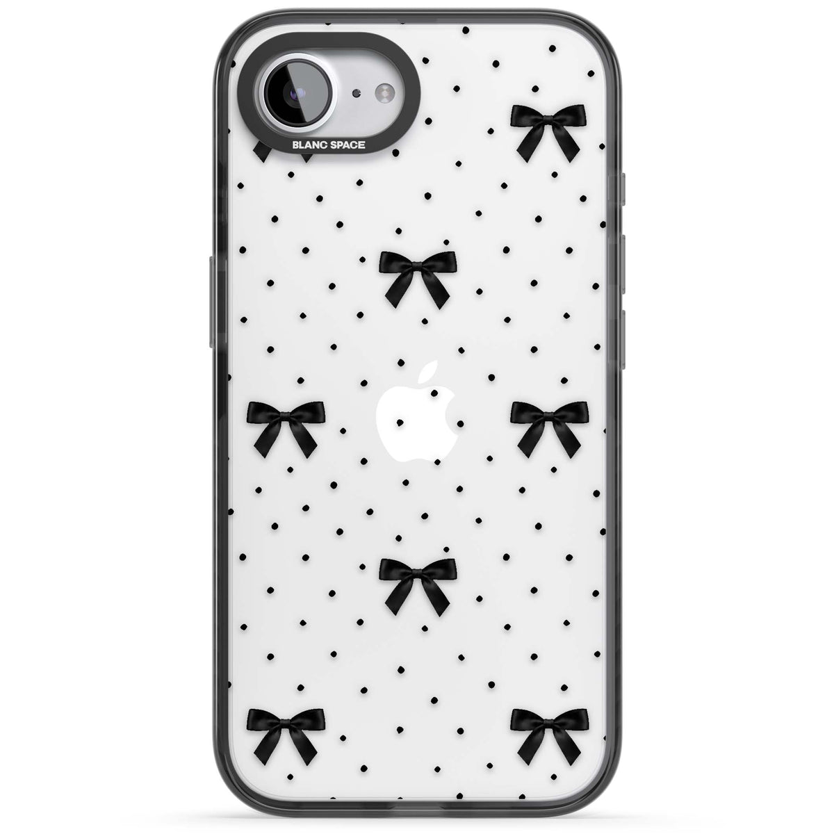 Black Polka Bows coquette iPhone case featuring scattered black satin bows and tiny polka dots on a clear base | Black Impact case for iPhone 16e, iPhone 17e