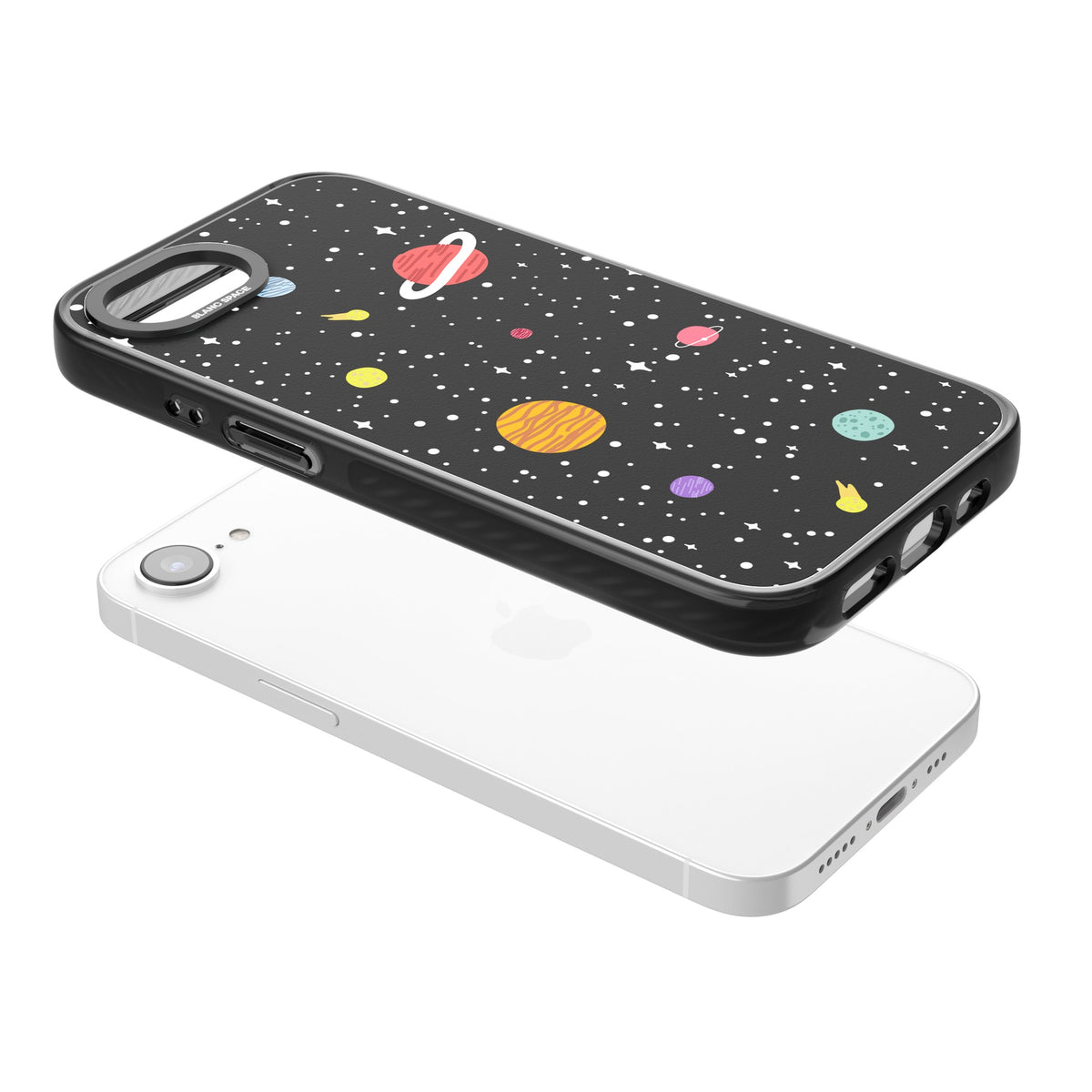 Cute Cartoon Planets iPhone 16e / iPhone 17e Impact Black Phone Case angled