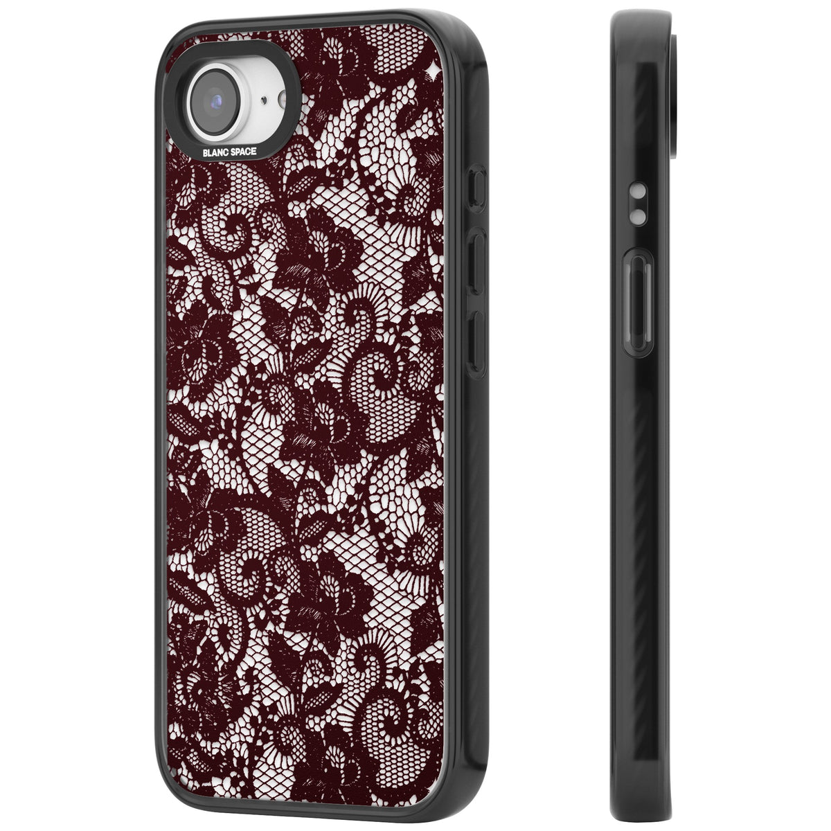 Burgundy Lace iPhone 16e / iPhone 17e Impact Black Phone Case side