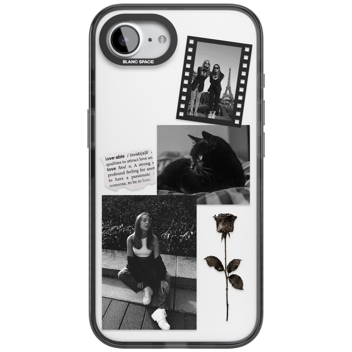 Personalised Black & White Scrapbook Photos iPhone 16e / iPhone 17e Impact Black Phone Case front