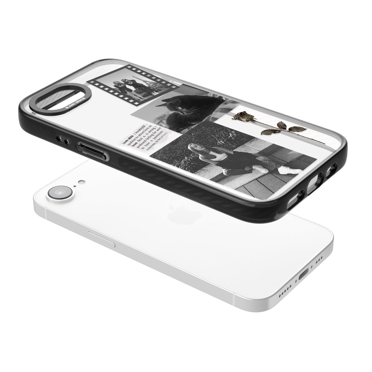 Personalised Black & White Scrapbook Photos iPhone 16e / iPhone 17e Impact Black Phone Case angled