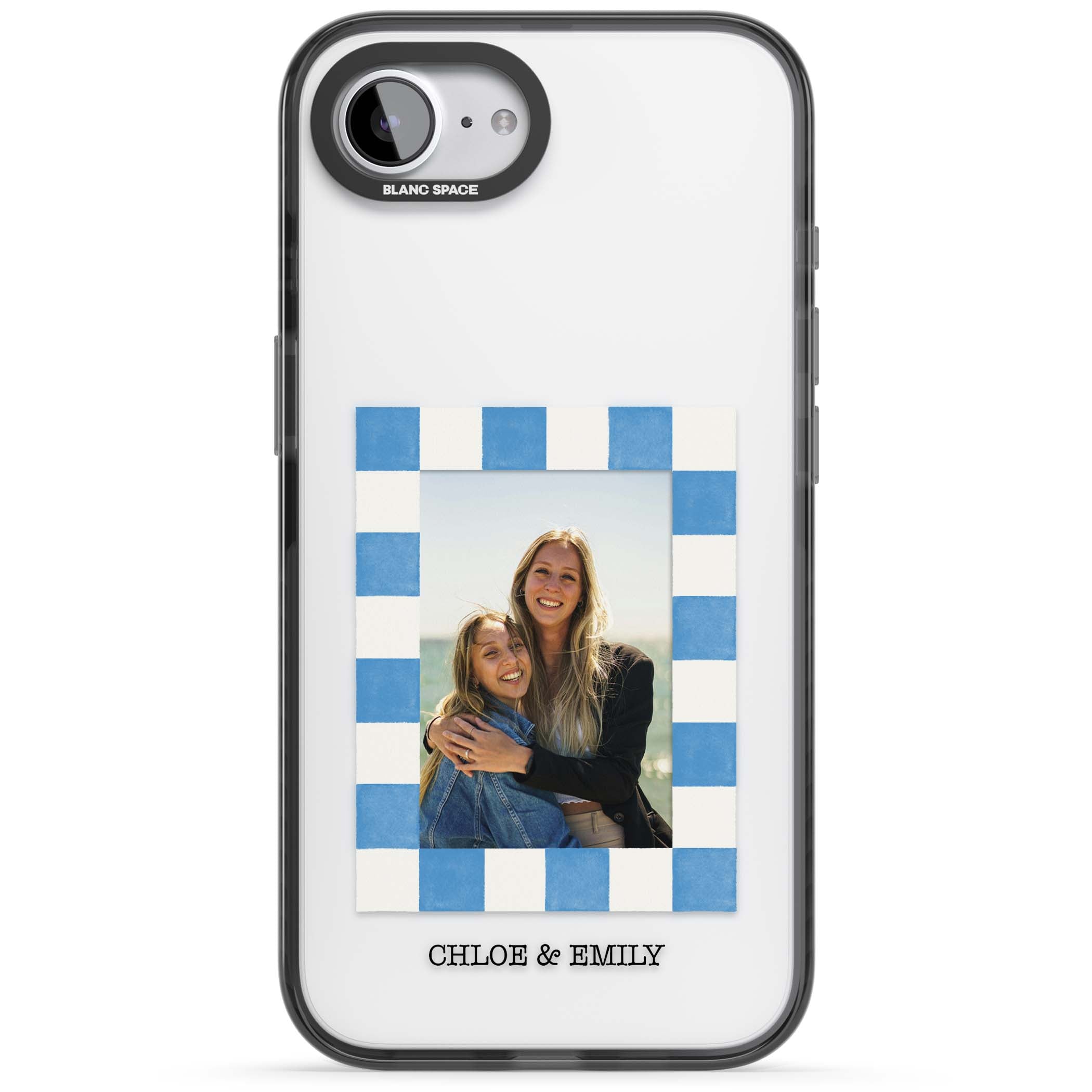 Blue Check Photo personalised photo iPhone case with blue checkered frame and custom couple names | Black Impact case for iPhone 16e, iPhone 17e