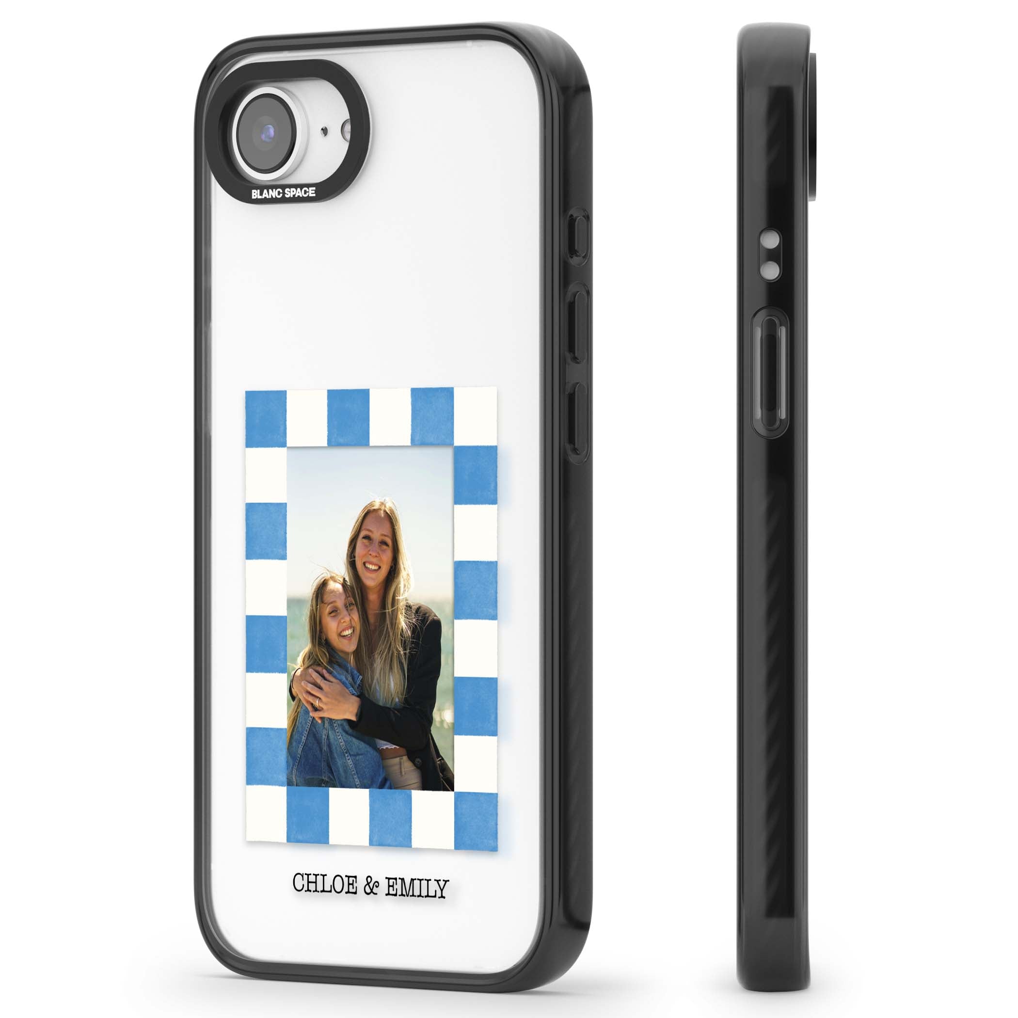 Blue Check Photo personalised photo iPhone case with blue checkered frame and custom couple names | Black Impact case for iPhone 16e, iPhone 17e