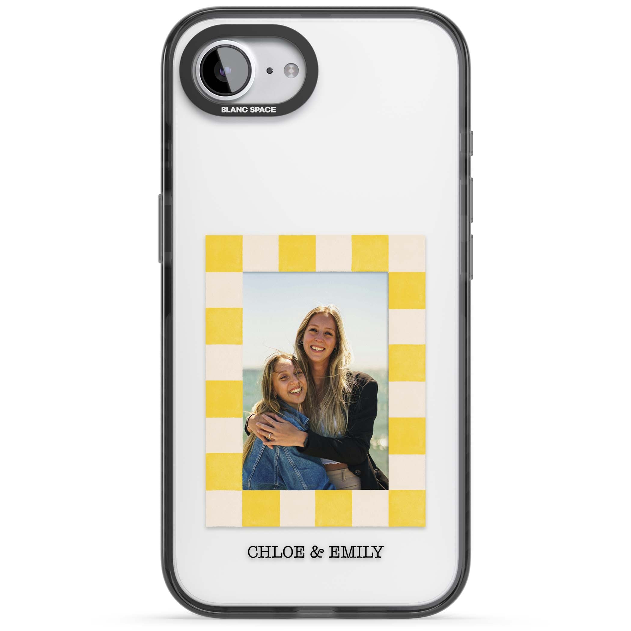Yellow Check Photo personalised iPhone case with yellow checkered Polaroid frame and custom names beneath | Black Impact case for iPhone 16e, iPhone 17e
