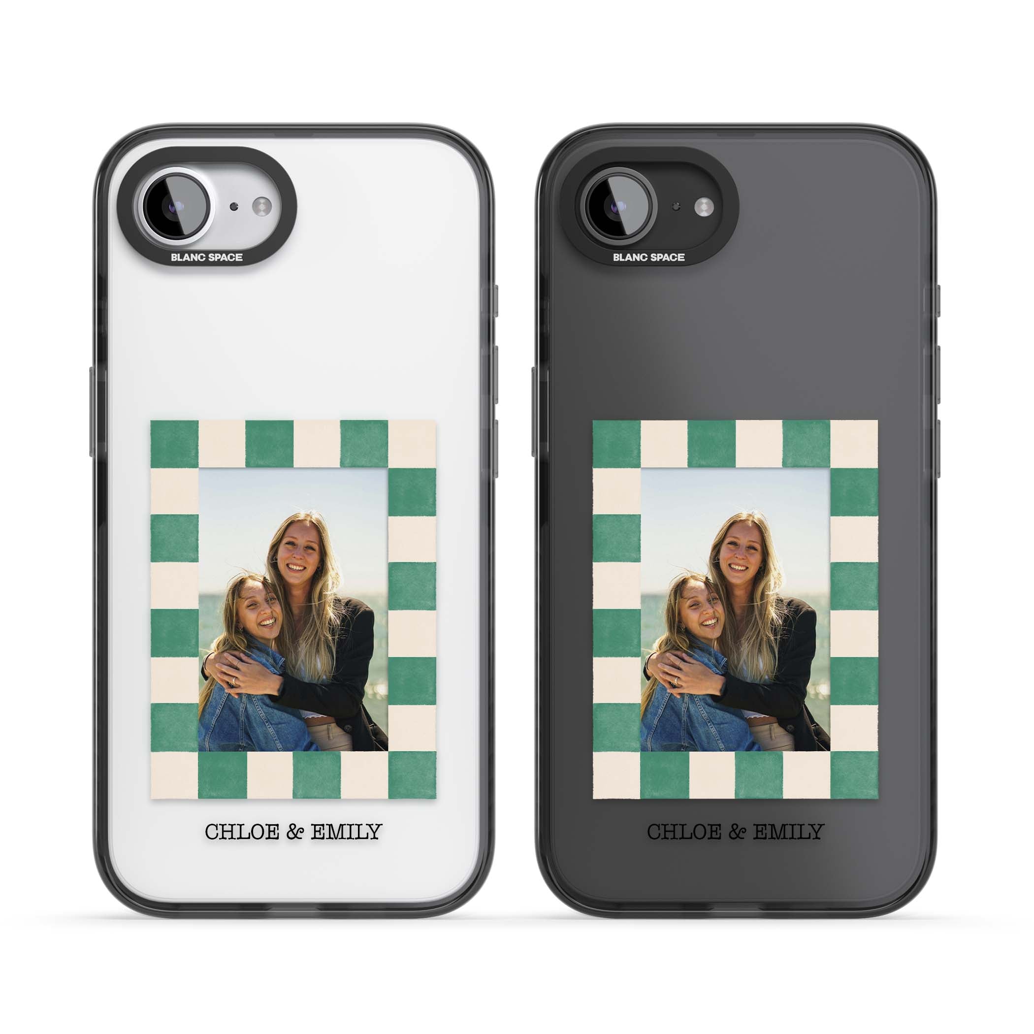 Seafoam Check Photo personalised iPhone case featuring a custom polaroid photo, green and cream checkered frame, and custom n | Black Impact case for iPhone 16e, iPhone 17e