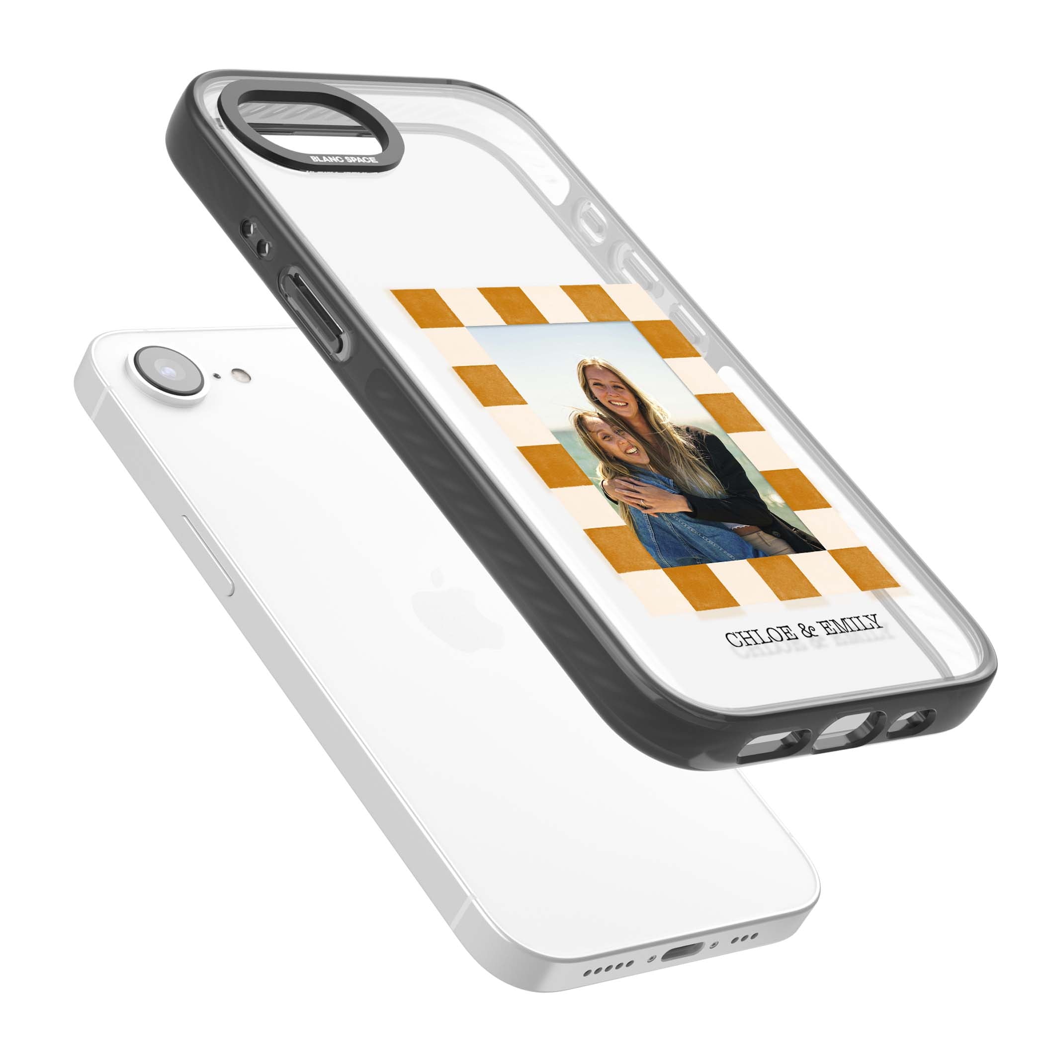 Citrus Check Photo personalised iPhone case with custom photo, orange checkered frame and names underneath | Black Impact case for iPhone 16e, iPhone 17e