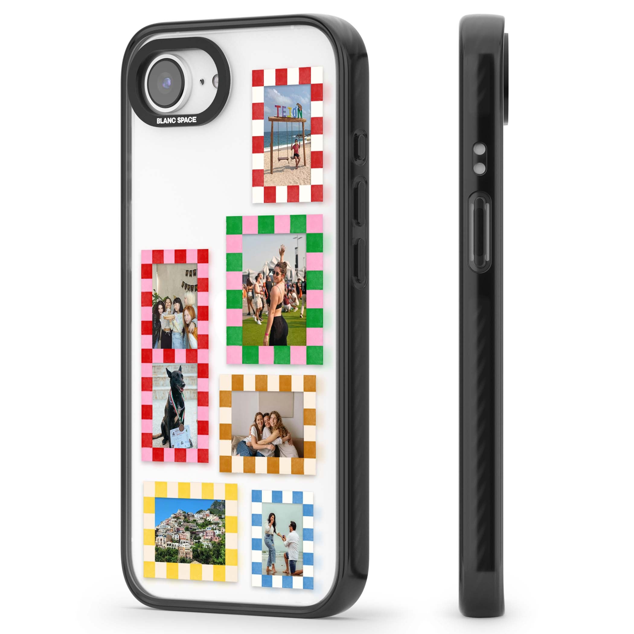Italian Check Frames custom photo collage iPhone case featuring six checkered photo frames in red, green, pink and  | Black Impact case for iPhone 16e, iPhone 17e