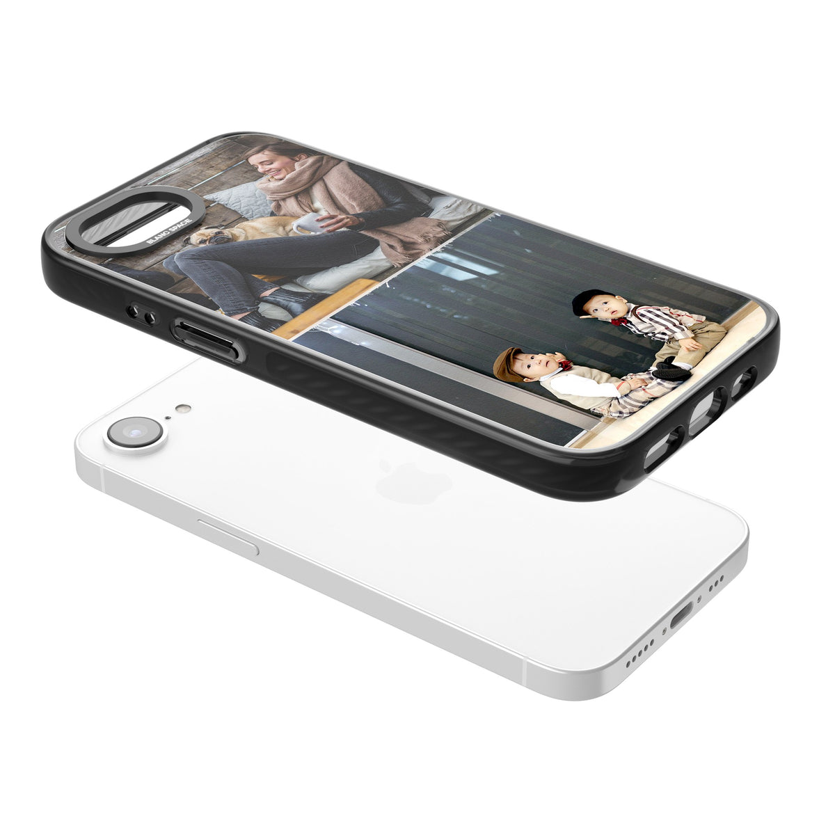 Personalised 2 Photo Grid iPhone 16e / iPhone 17e Impact Black Phone Case angled