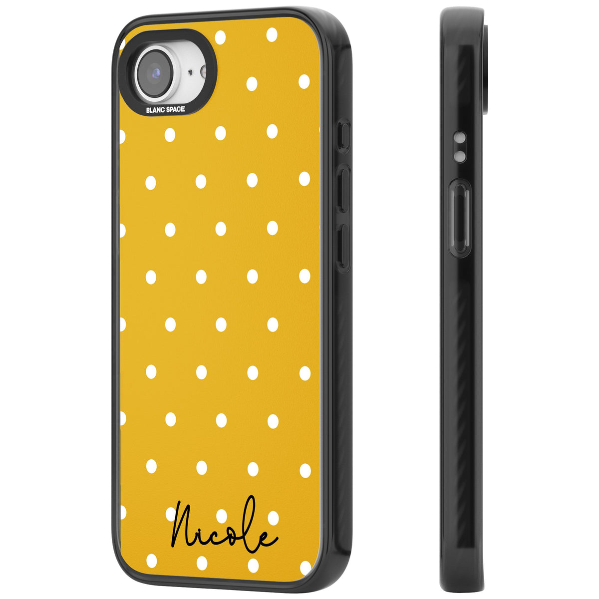 Personalised Yellow Polka Dot iPhone 16e / iPhone 17e Impact Black Phone Case side