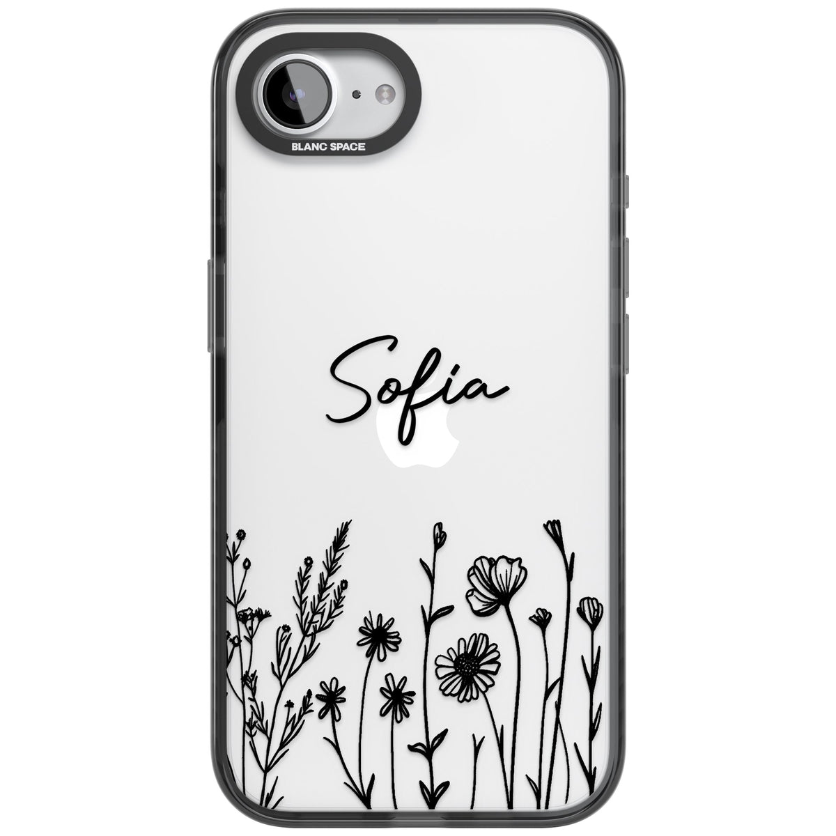 Personalised Black Wildflowers iPhone 16e / iPhone 17e Impact Black Phone Case front