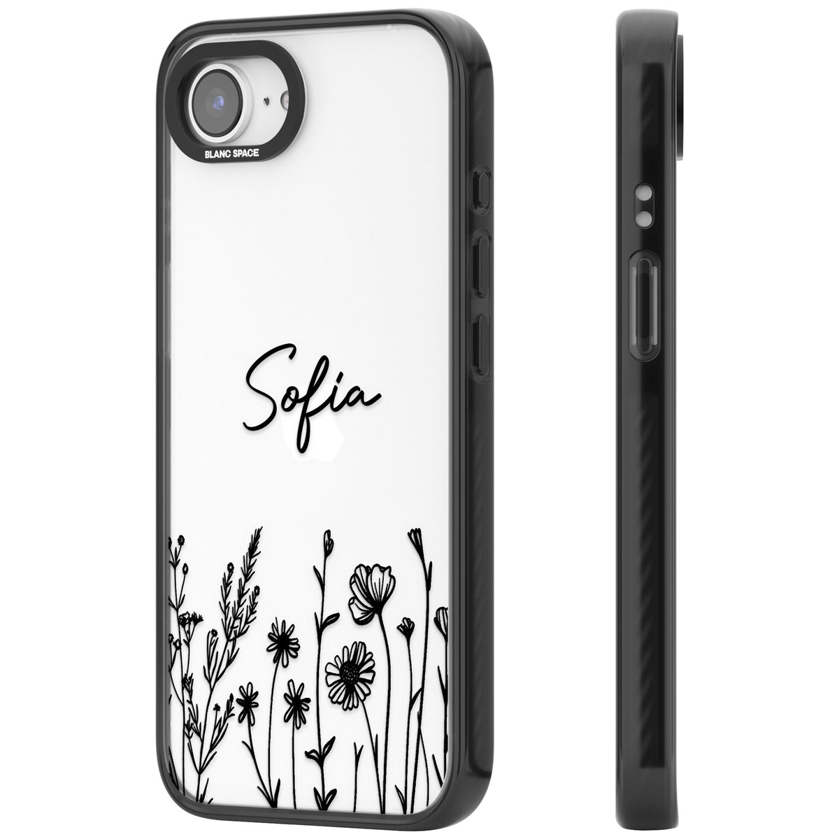 Personalised Black Wildflowers iPhone 16e / iPhone 17e Impact Black Phone Case side