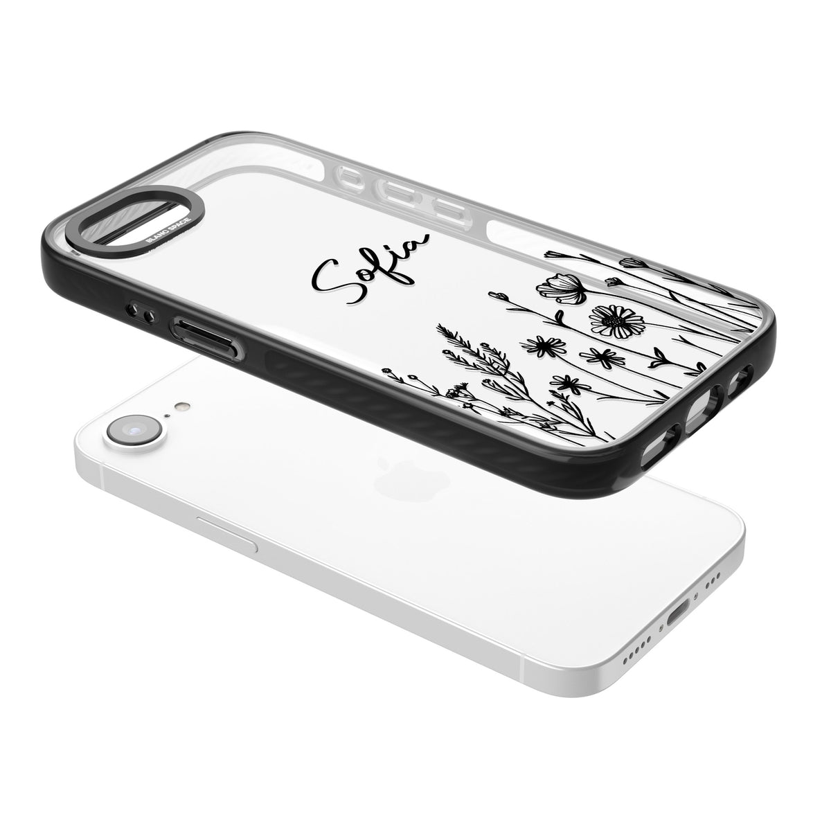 Personalised Black Wildflowers iPhone 16e / iPhone 17e Impact Black Phone Case angled