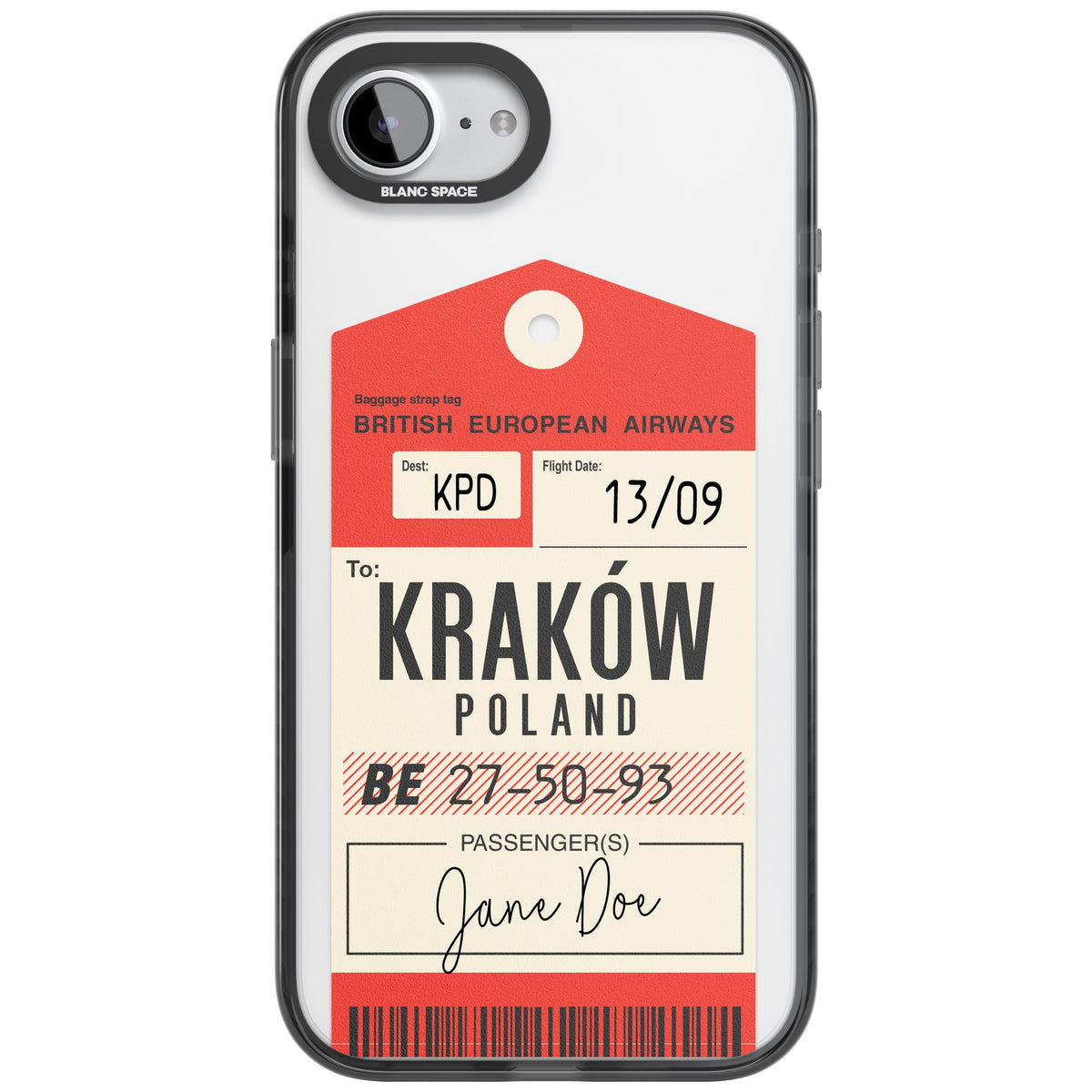 Personalised Vintage Luggage Tag iPhone 16e / iPhone 17e Impact Black Phone Case front