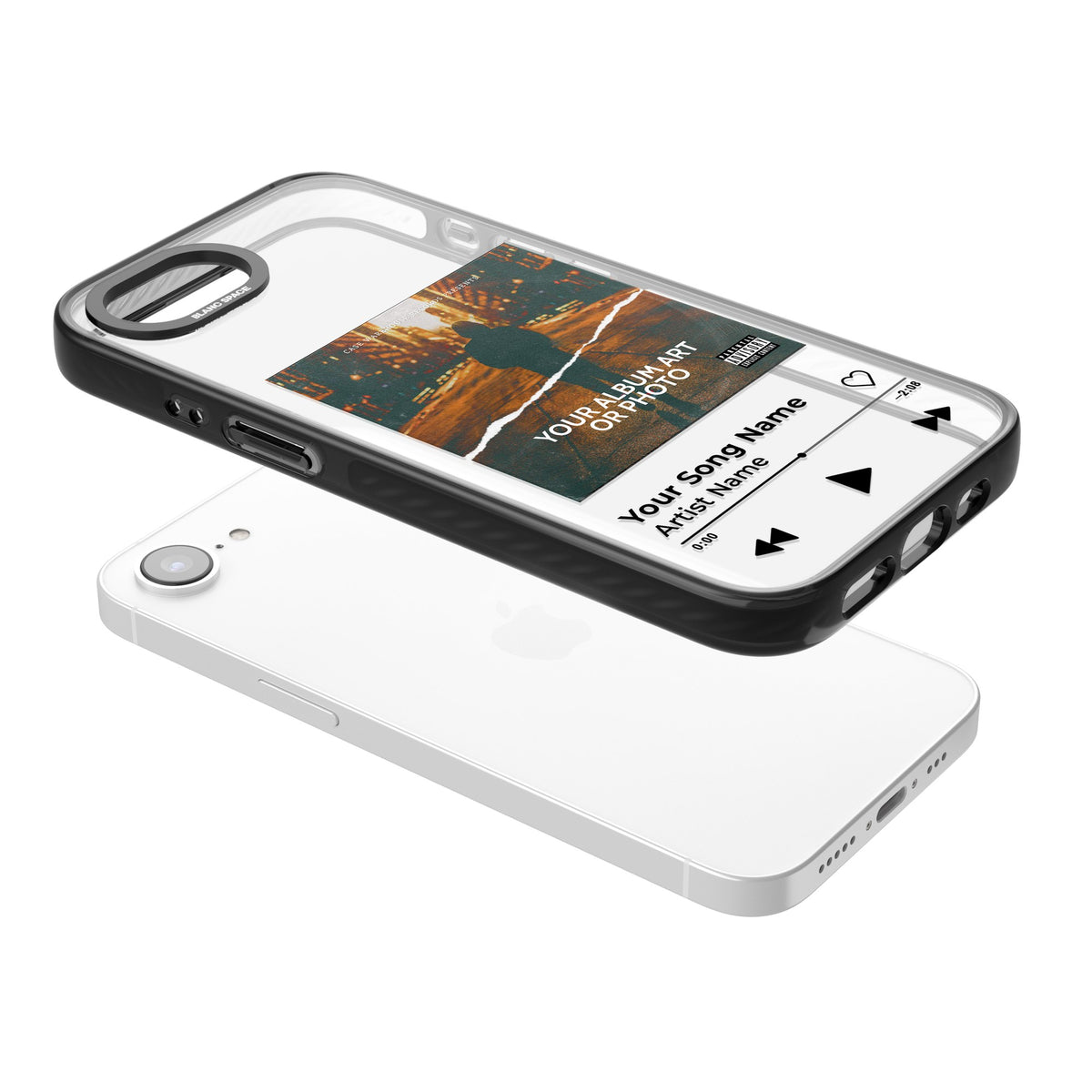 Personalised Music Player iPhone 16e / iPhone 17e Impact Black Phone Case angled