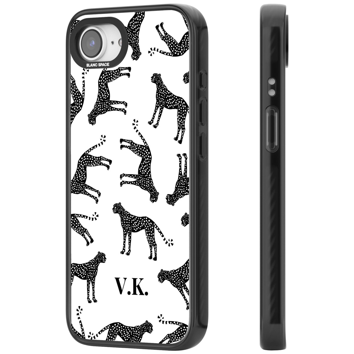 Personalised Monochrome Cheetahs iPhone 16e / iPhone 17e Impact Black Phone Case side