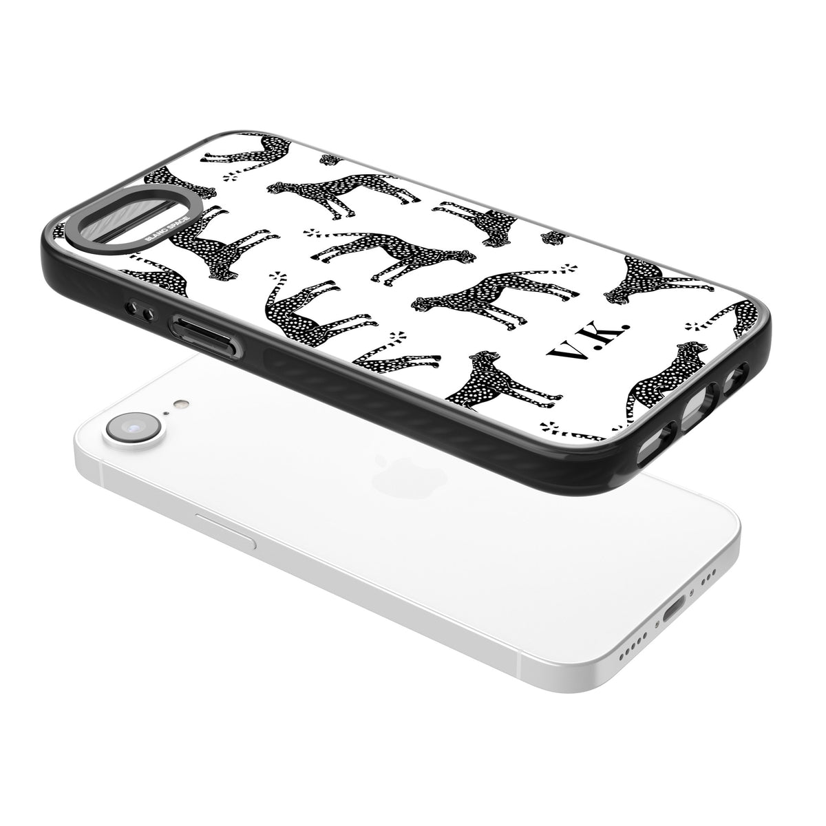 Personalised Monochrome Cheetahs iPhone 16e / iPhone 17e Impact Black Phone Case angled