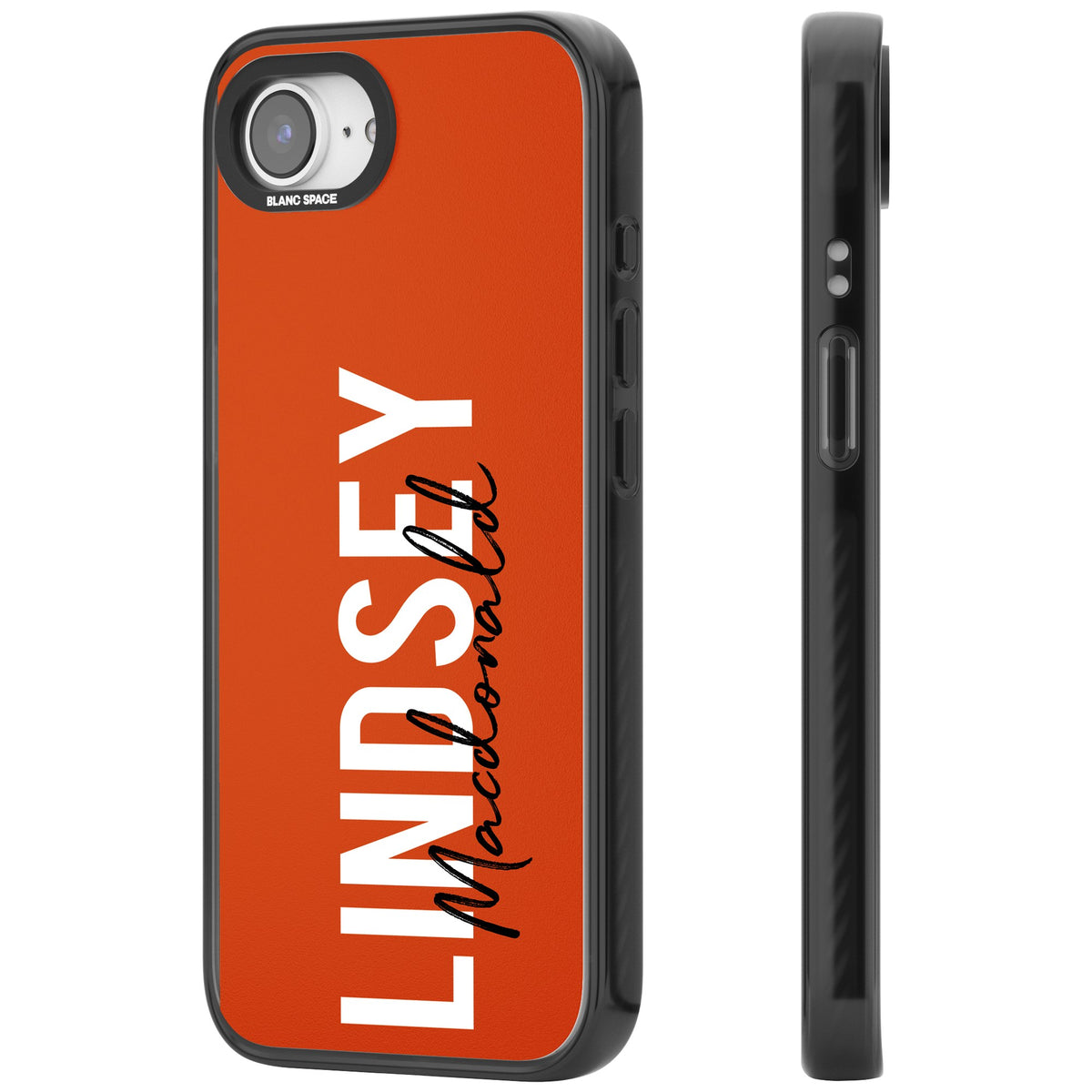 Personalised Bold Name: Orange iPhone 16e / iPhone 17e Impact Black Phone Case side