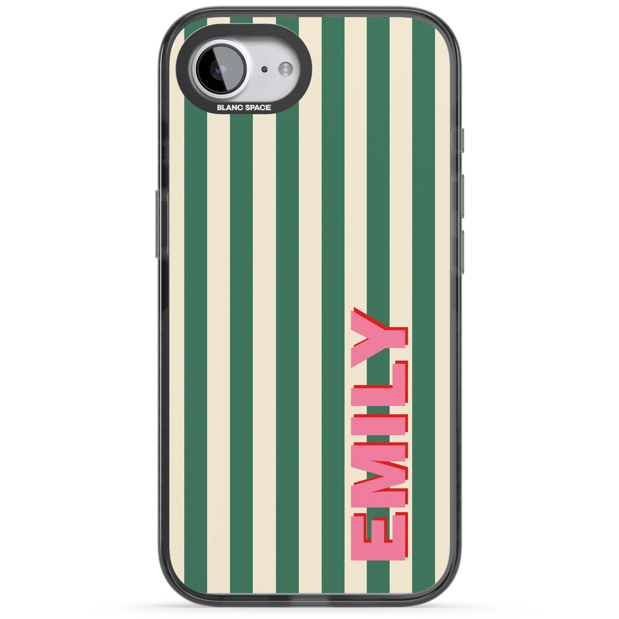 Wimbledon Stripe preppy iPhone case featuring green and cream vertical stripes with a personalised pink name | Black Impact case for iPhone 16e, iPhone 17e